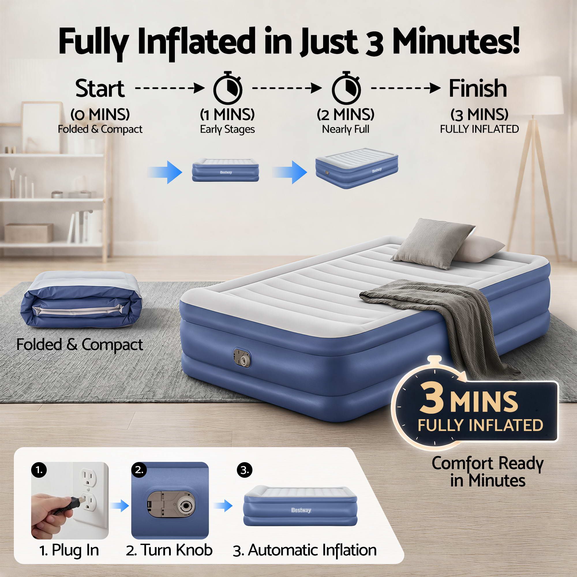 Queen Size Air Bed with Built-In Pump, Pillow & Flocked Surface