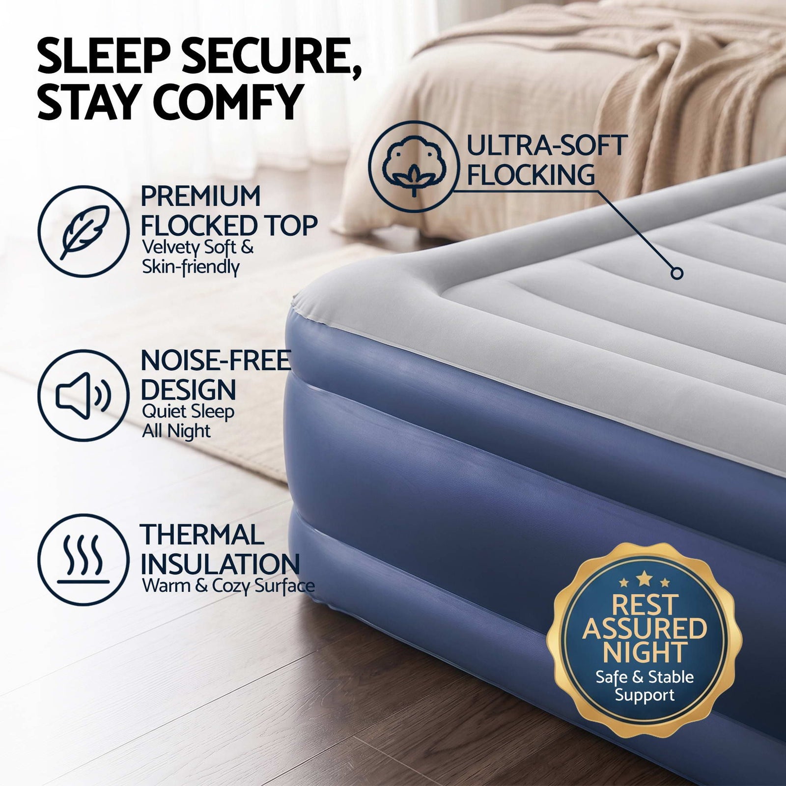 Queen Size Air Bed with Built-In Pump, Pillow & Flocked Surface