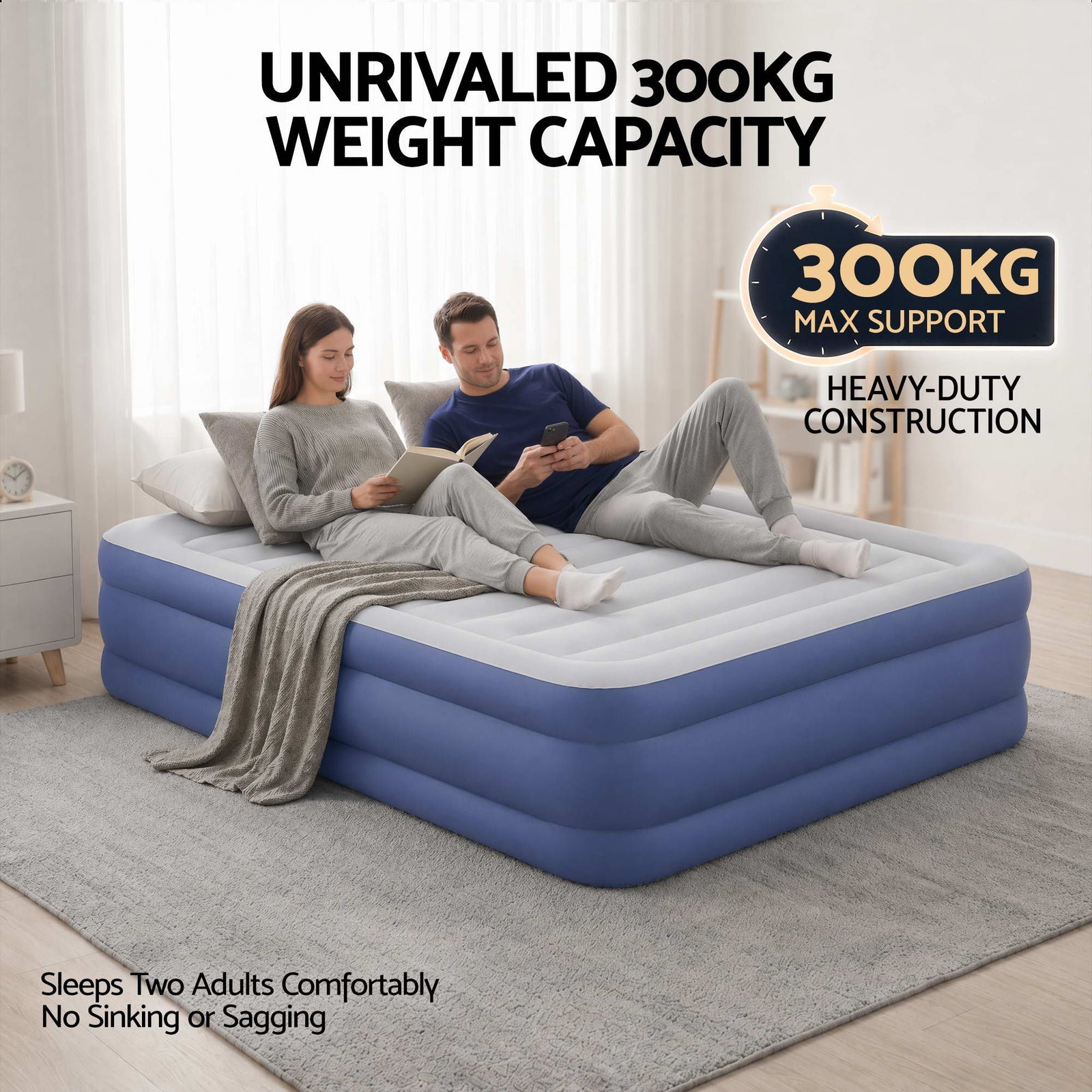 Queen Size Air Bed with Built-In Pump, Pillow & Flocked Surface