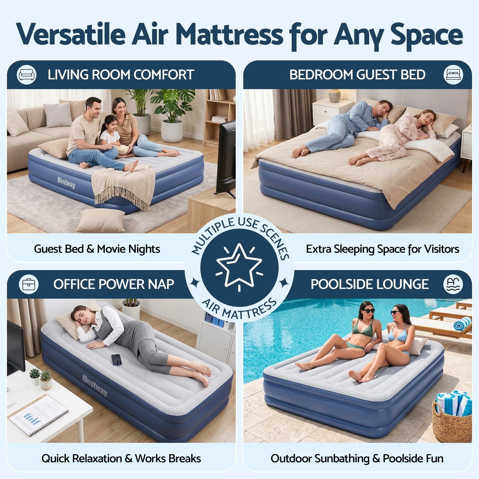 Queen Size Air Bed with Built-In Pump, Pillow & Flocked Surface