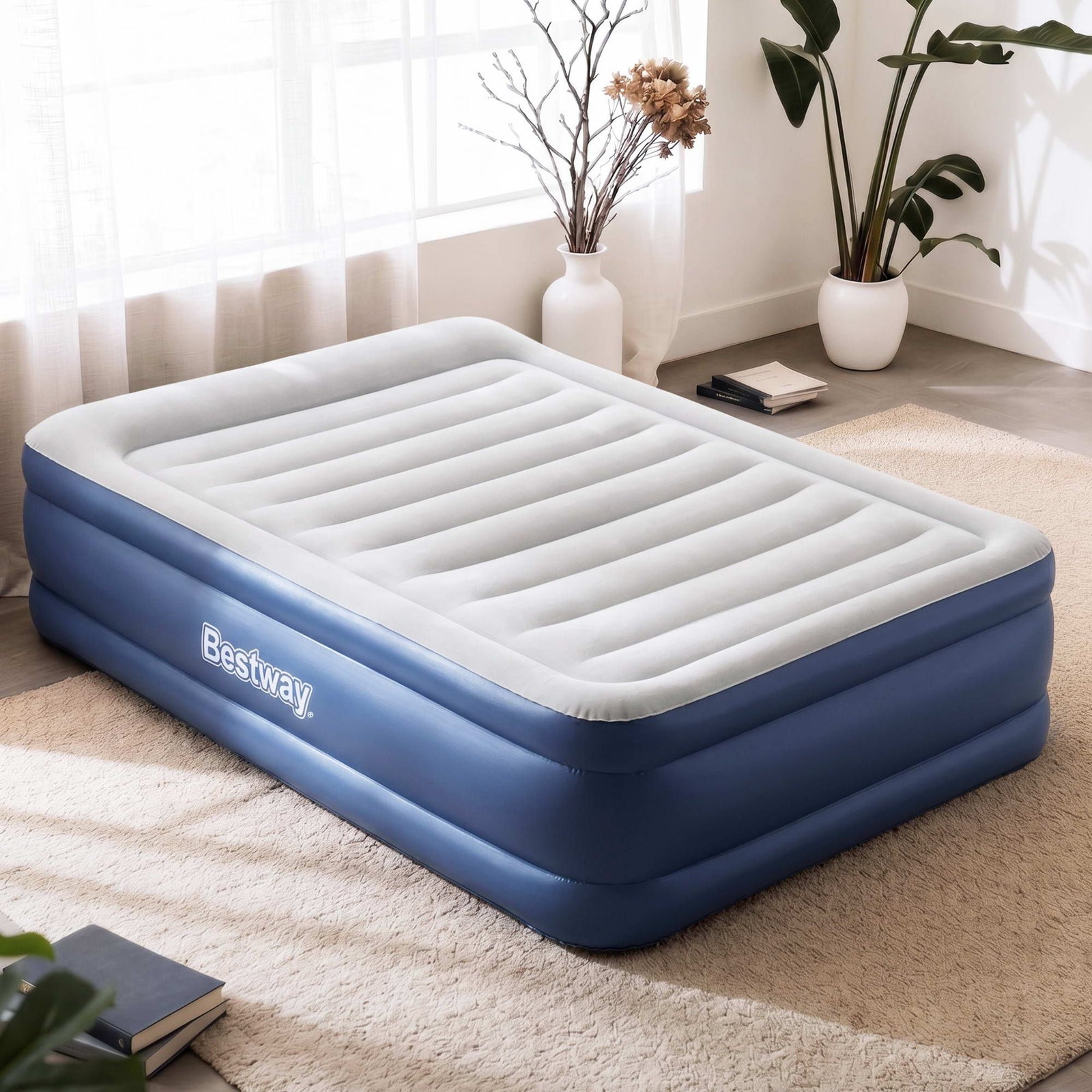 Queen Size Air Bed with Built-In Pump, Pillow & Flocked Surface
