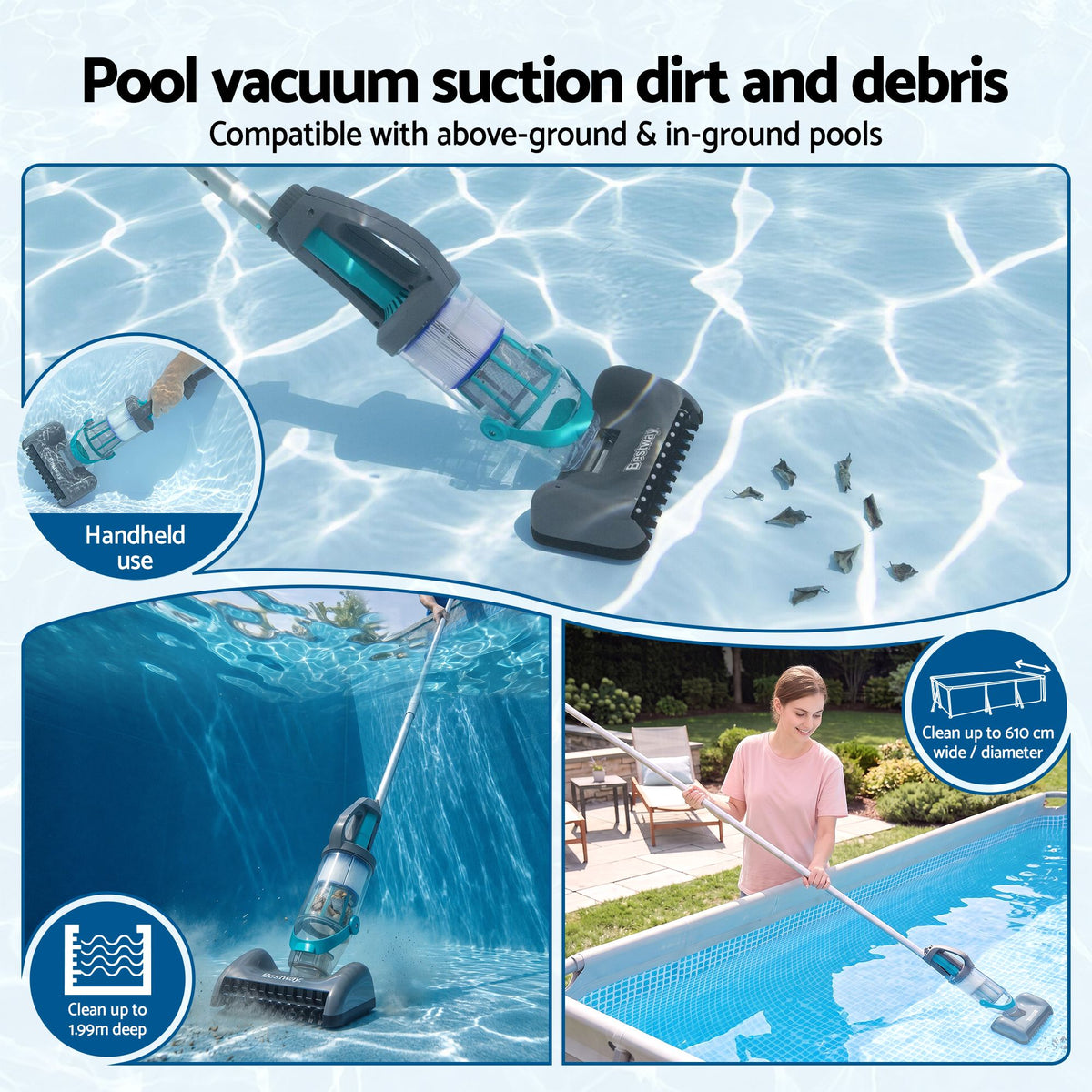 Bestway AquaGrip Handheld Rechargeable Pool Vacuum 2L Above Ground Pools LED