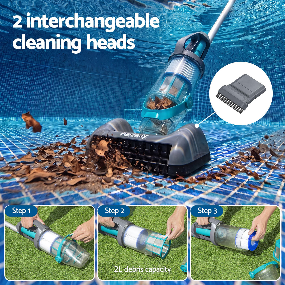 Bestway AquaGrip Handheld Rechargeable Pool Vacuum 2L Above Ground Pools LED