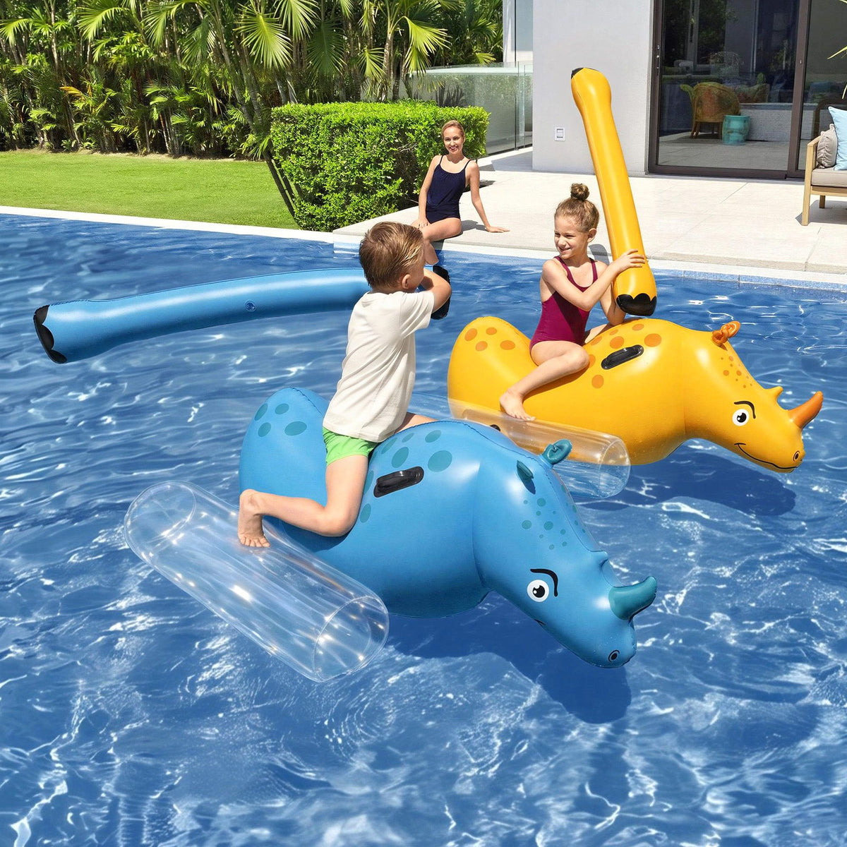 Bestway Rhino Ride-On Pool Float Toy Set of 2 with Boppers for Kids Aged 3-12