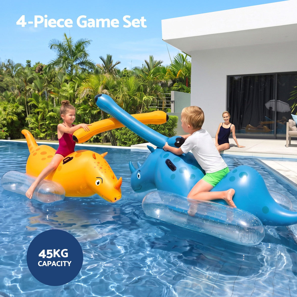 Bestway Rhino Ride-On Pool Float Toy Set of 2 with Boppers for Kids Aged 3-12