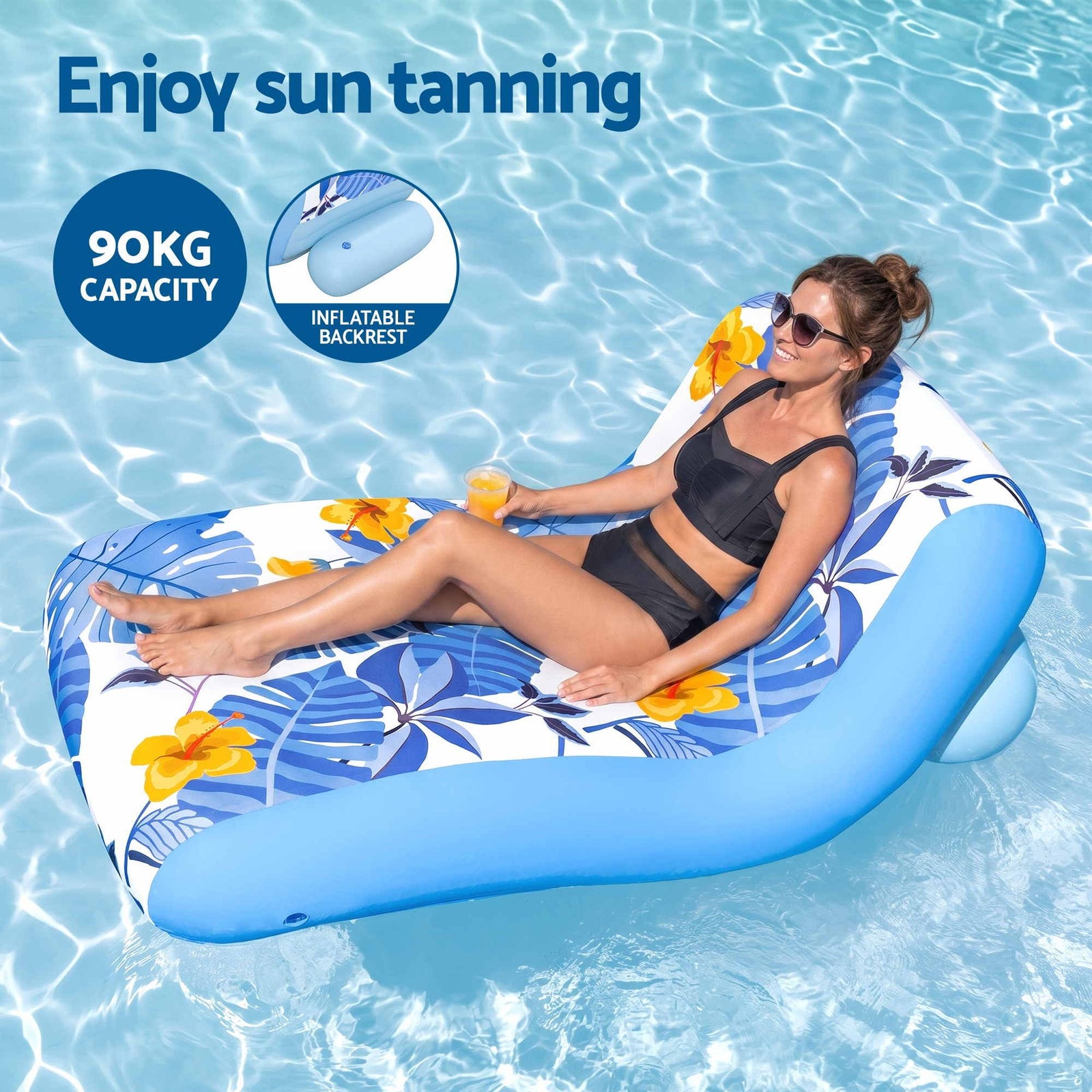 Inflatable Pool Float Sun Lounger with Cup Holder 163x94cm Blue