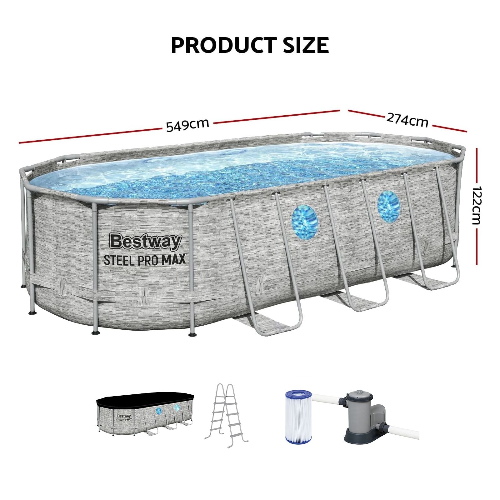 549x274x122cm Steel Frame Swimming Pool 13430L Filter Pump Ladder Grey