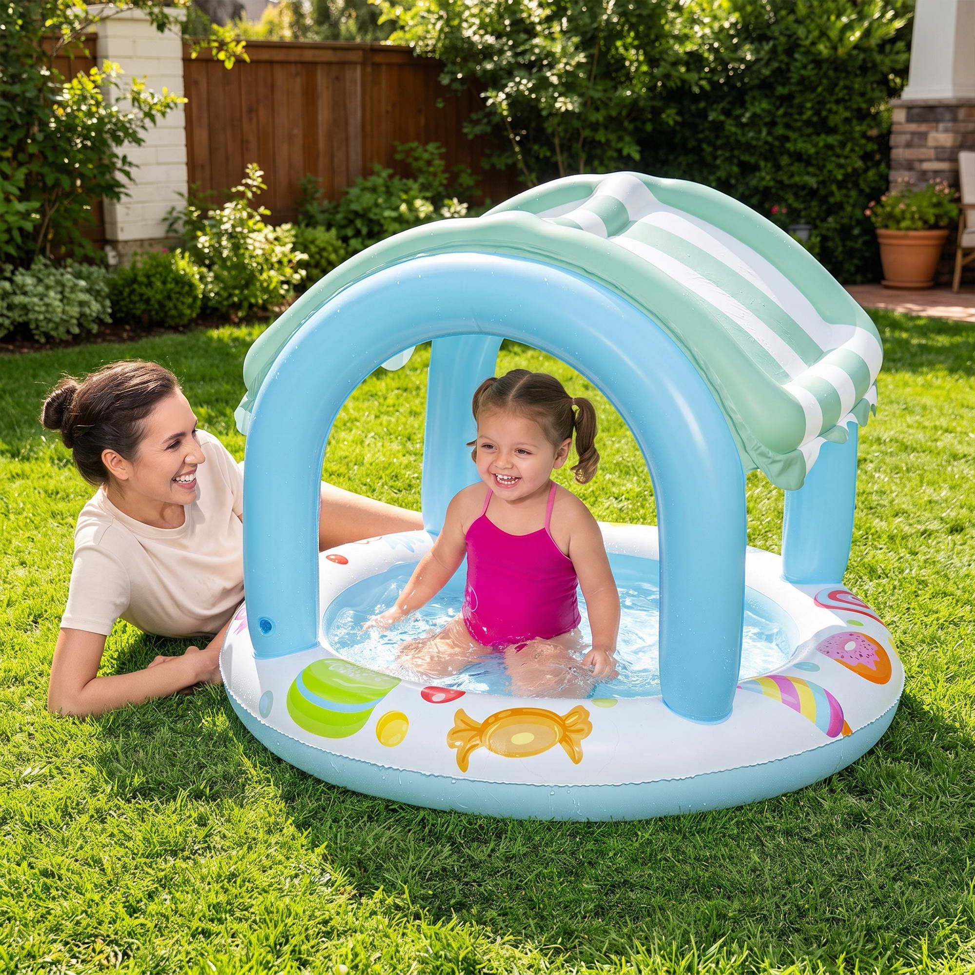 Inflatable Candy-Theme Kids Pool with Sun Shade Canopy, 104 x 84cm, PVC