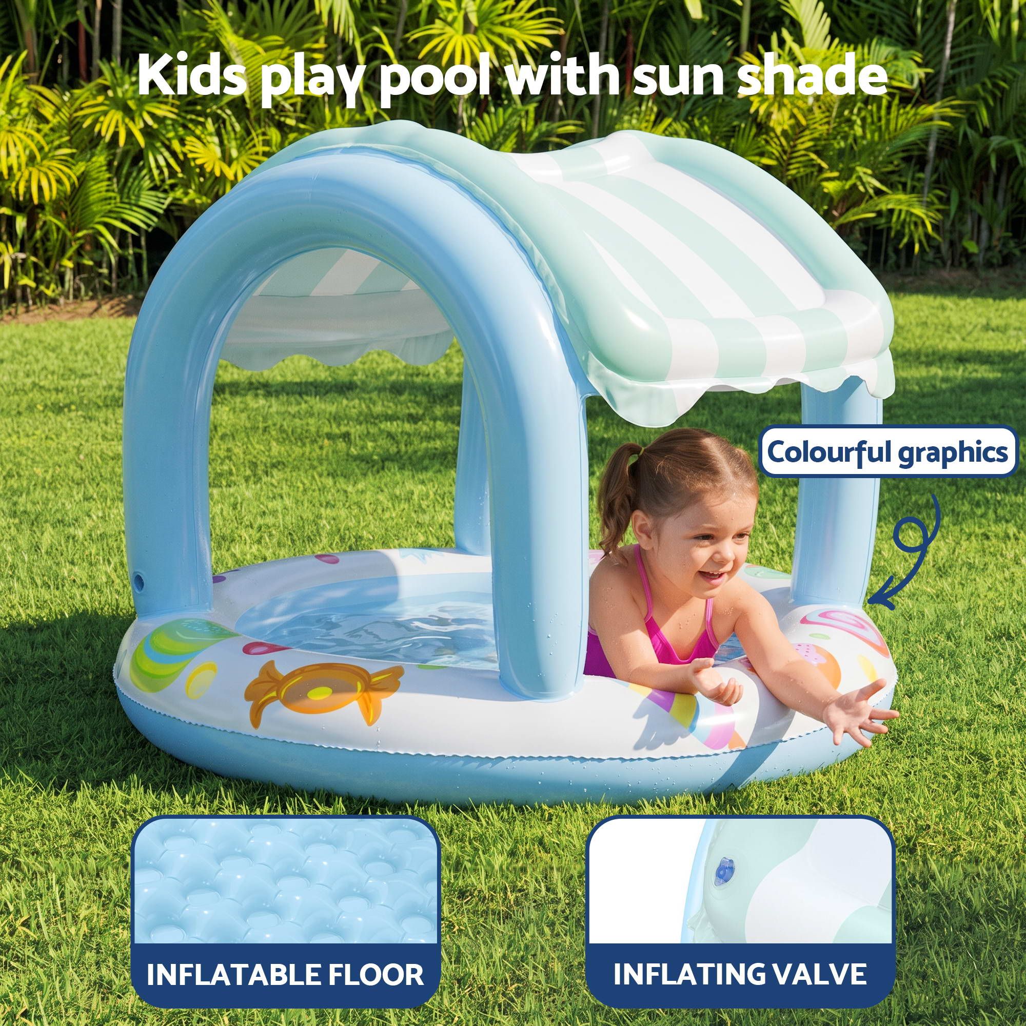 Inflatable Candy-Theme Kids Pool with Sun Shade Canopy, 104 x 84cm, PVC