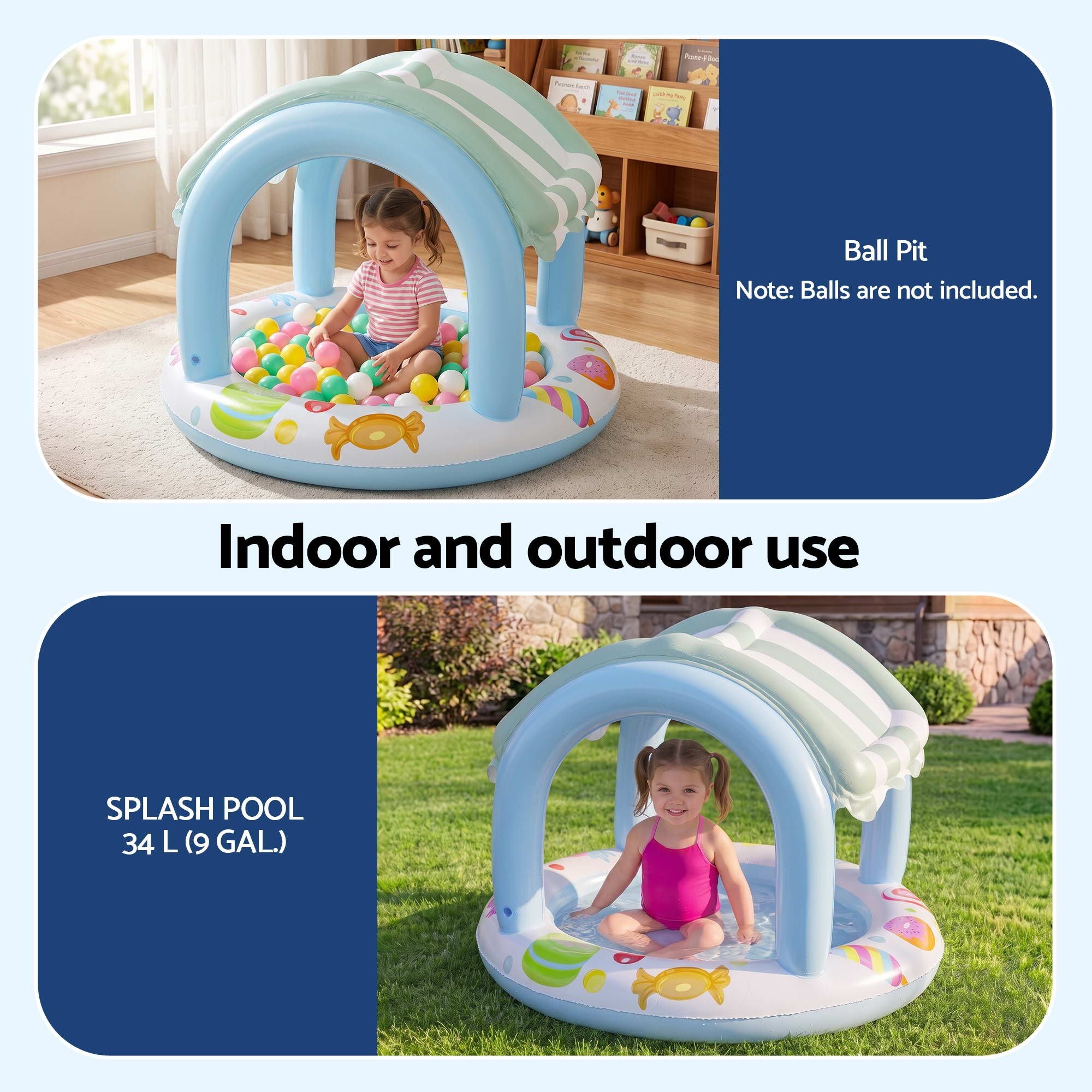 Inflatable Candy-Theme Kids Pool with Sun Shade Canopy, 104 x 84cm, PVC