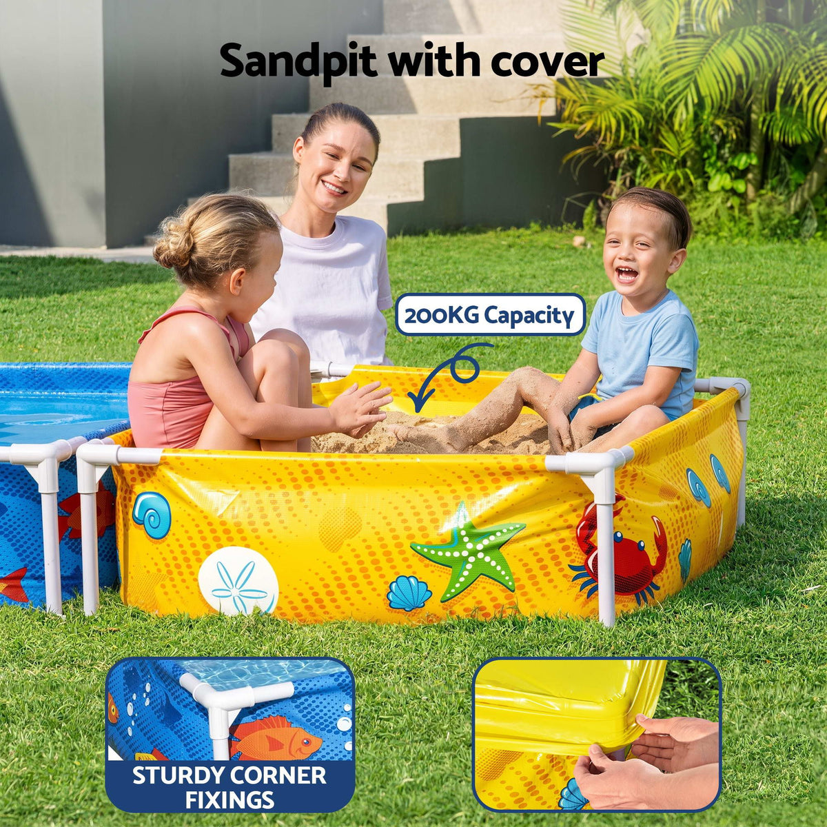 2-in-1 Kids Pool and Sandpit Set 122cm/90cm Metal Frame Yellow Blue