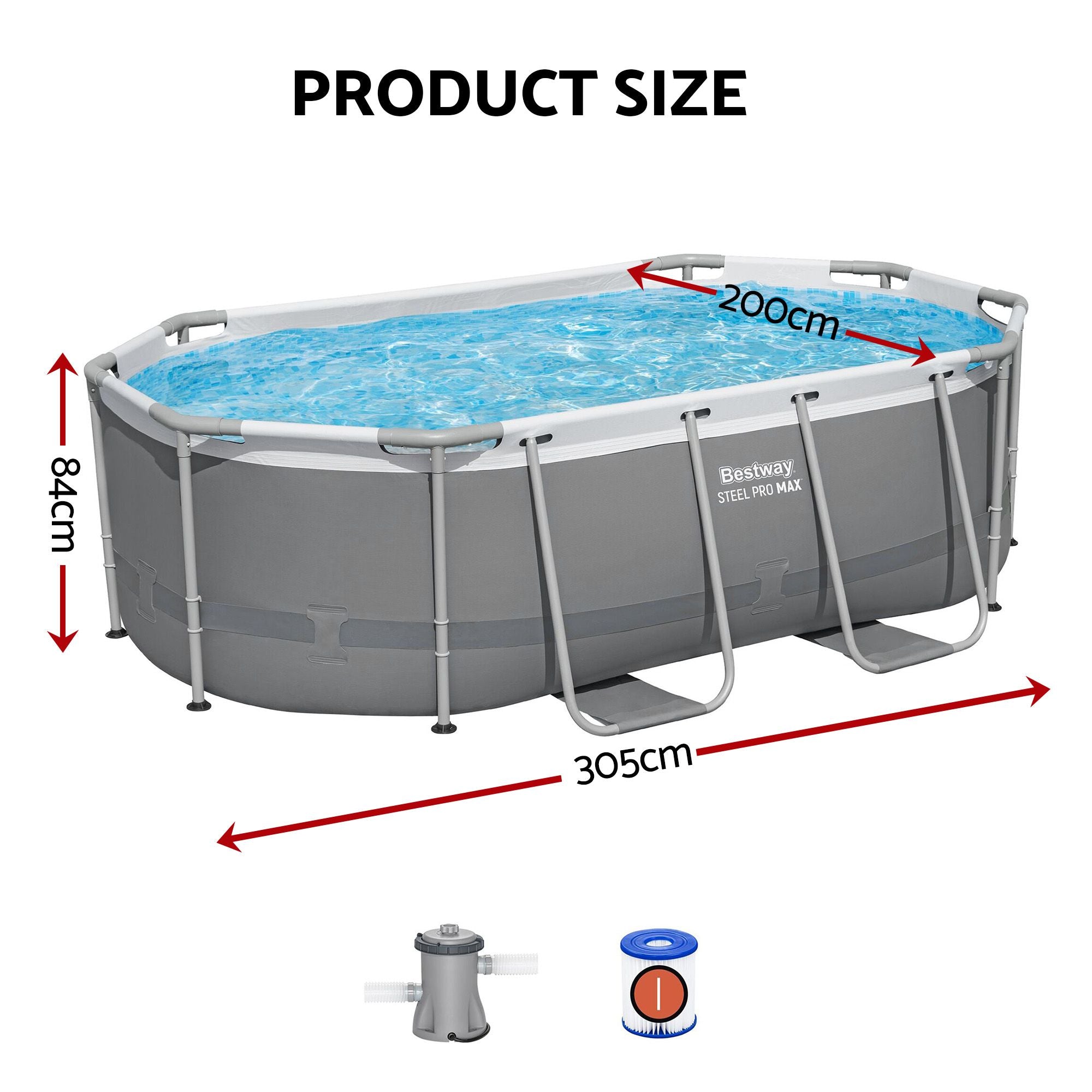Swimming Pools 305cm x 200cm x 84cm Steel Above Ground Backyard Pool Set