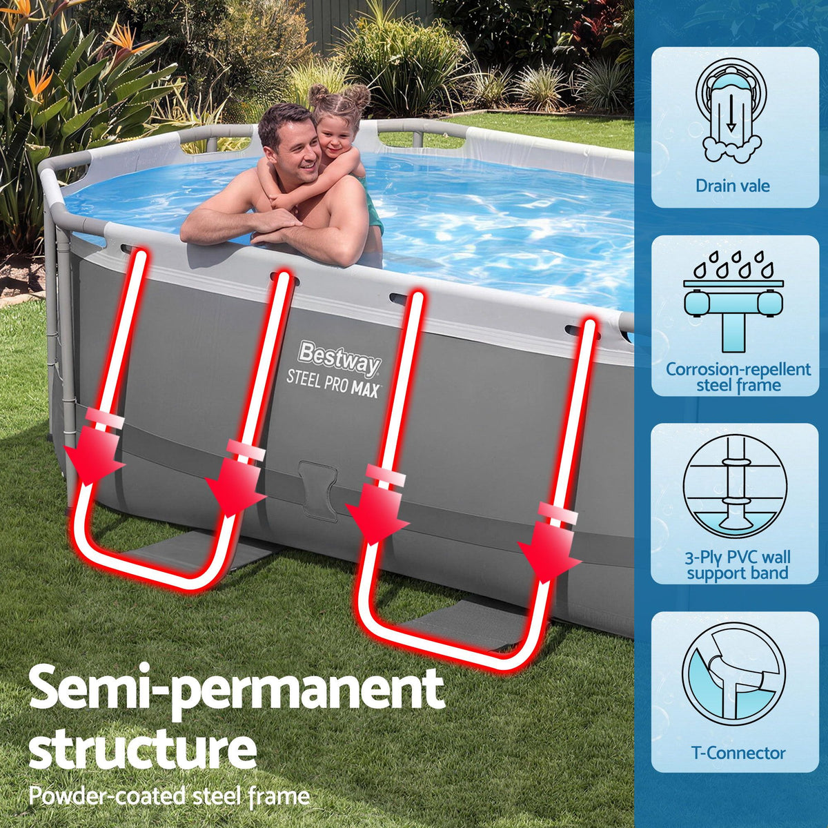 Swimming Pools 305cm x 200cm x 84cm Steel Above Ground Backyard Pool Set