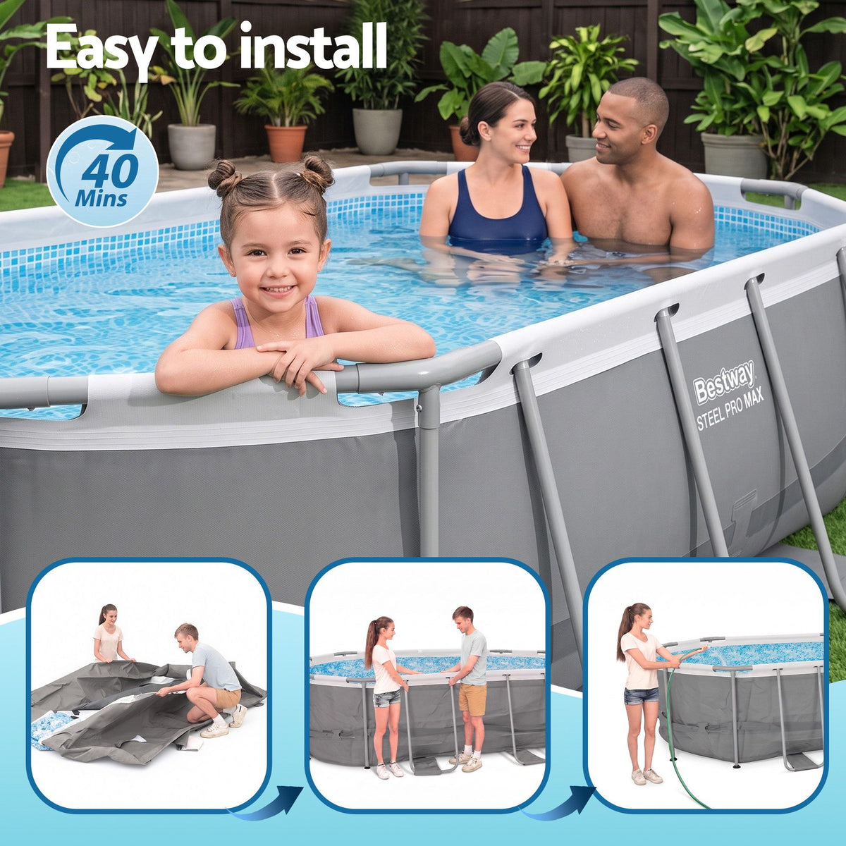 Swimming Pools 305cm x 200cm x 84cm Steel Above Ground Backyard Pool Set
