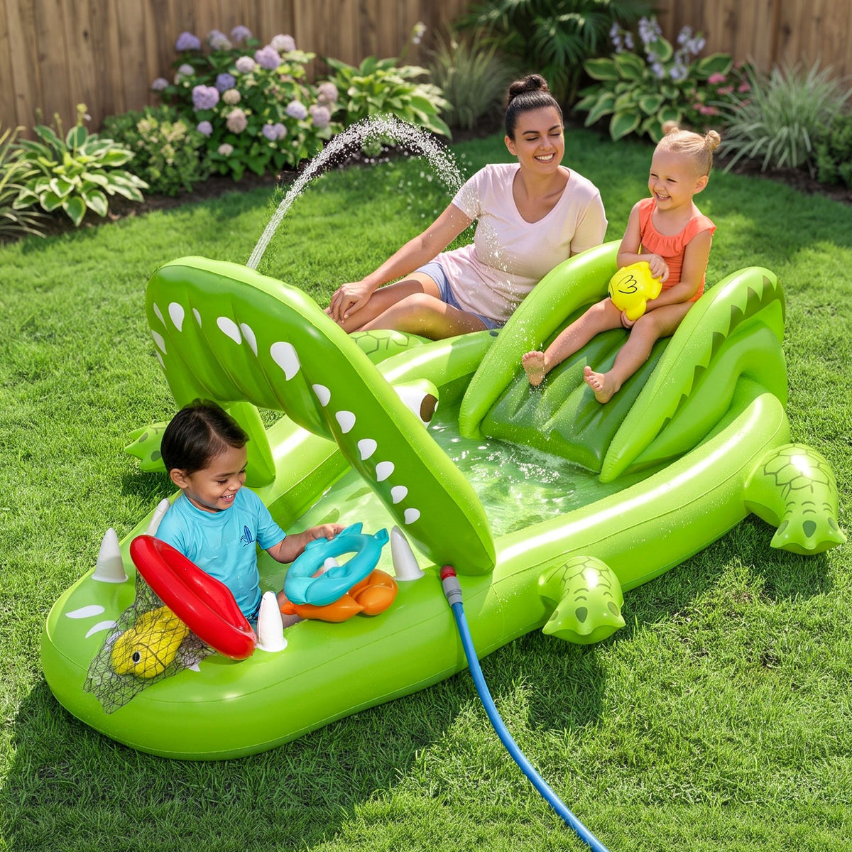 Inflatable Alligator Kids Play Pool with Slide 234cmx163cm Green