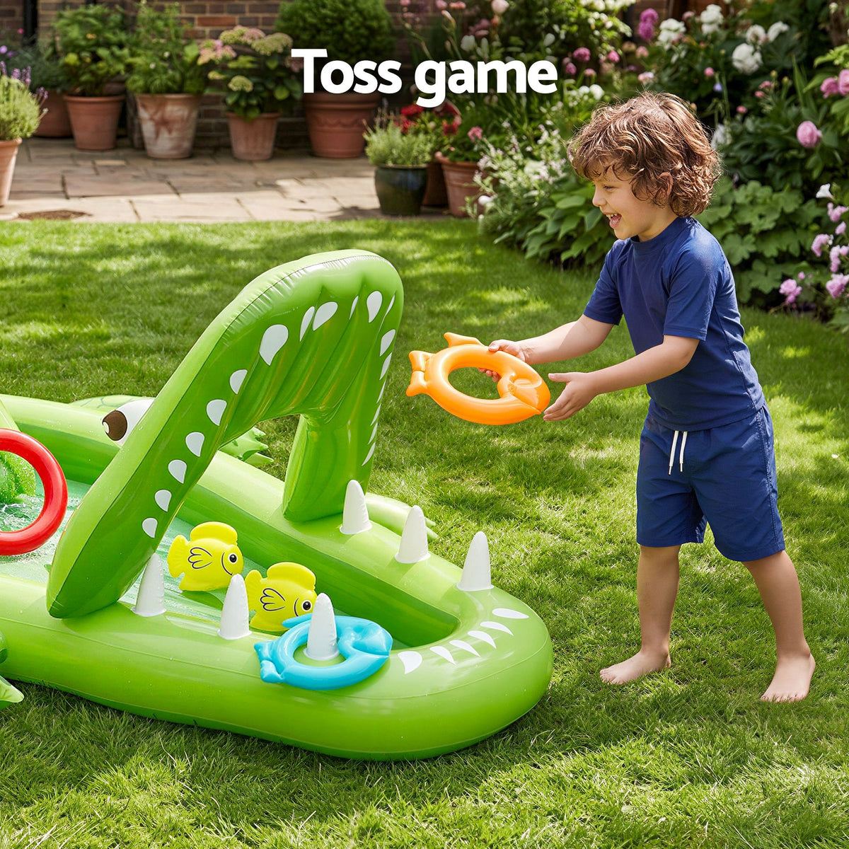 Inflatable Alligator Kids Play Pool with Slide 234cmx163cm Green