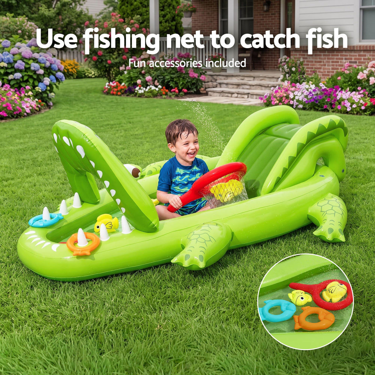 Inflatable Alligator Kids Play Pool with Slide 234cmx163cm Green