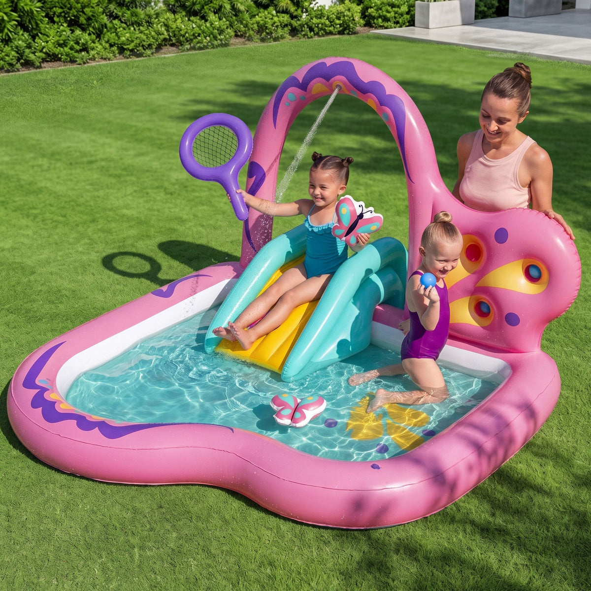 Inflatable Butterfly Kids Play Pool Park with Slide 180cm Pink