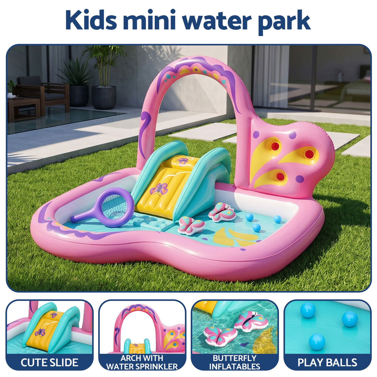 Inflatable Butterfly Kids Play Pool Park with Slide 180cm Pink