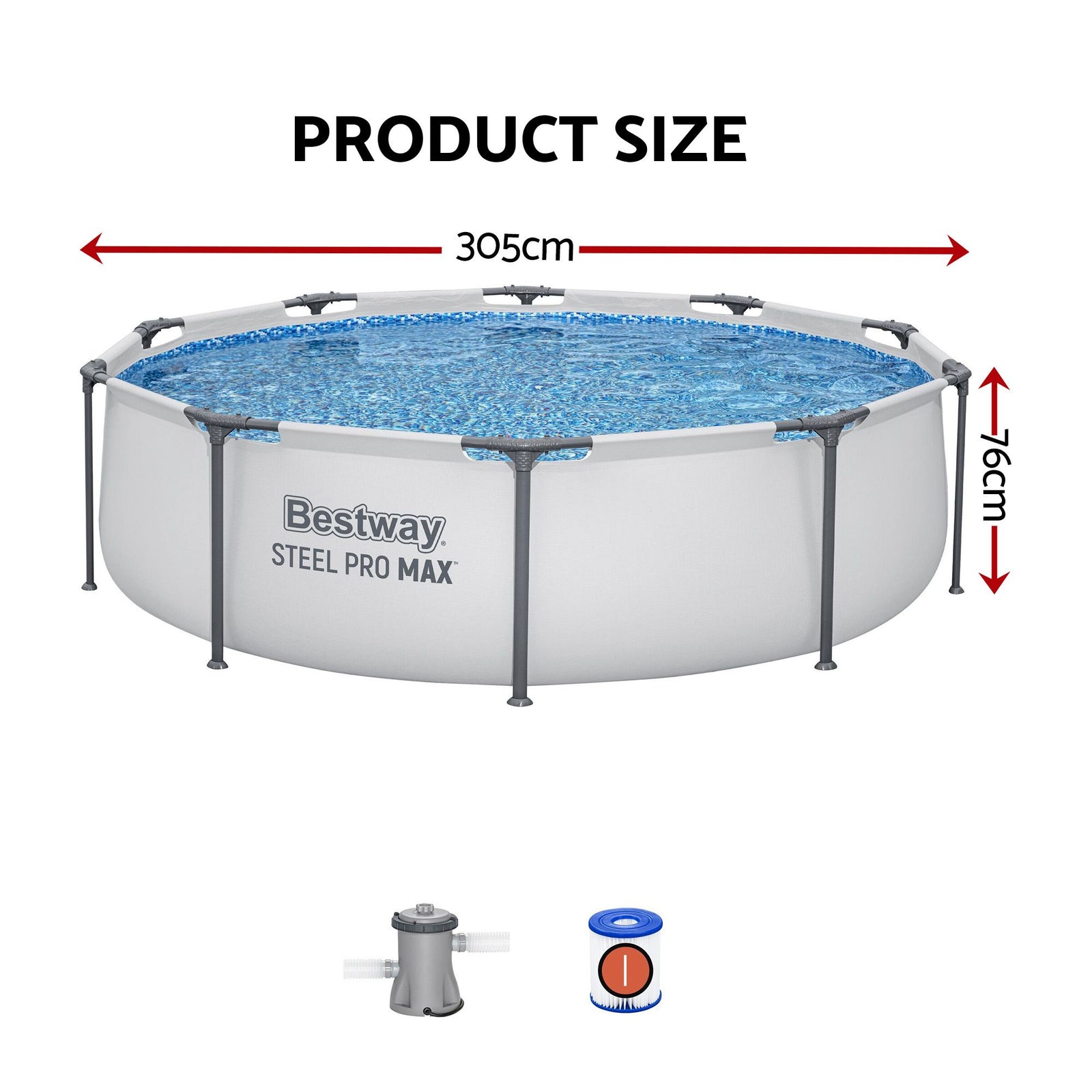 Bestway 305CM Swimming Pools Steel Above Ground Round Backyard Pool Set White