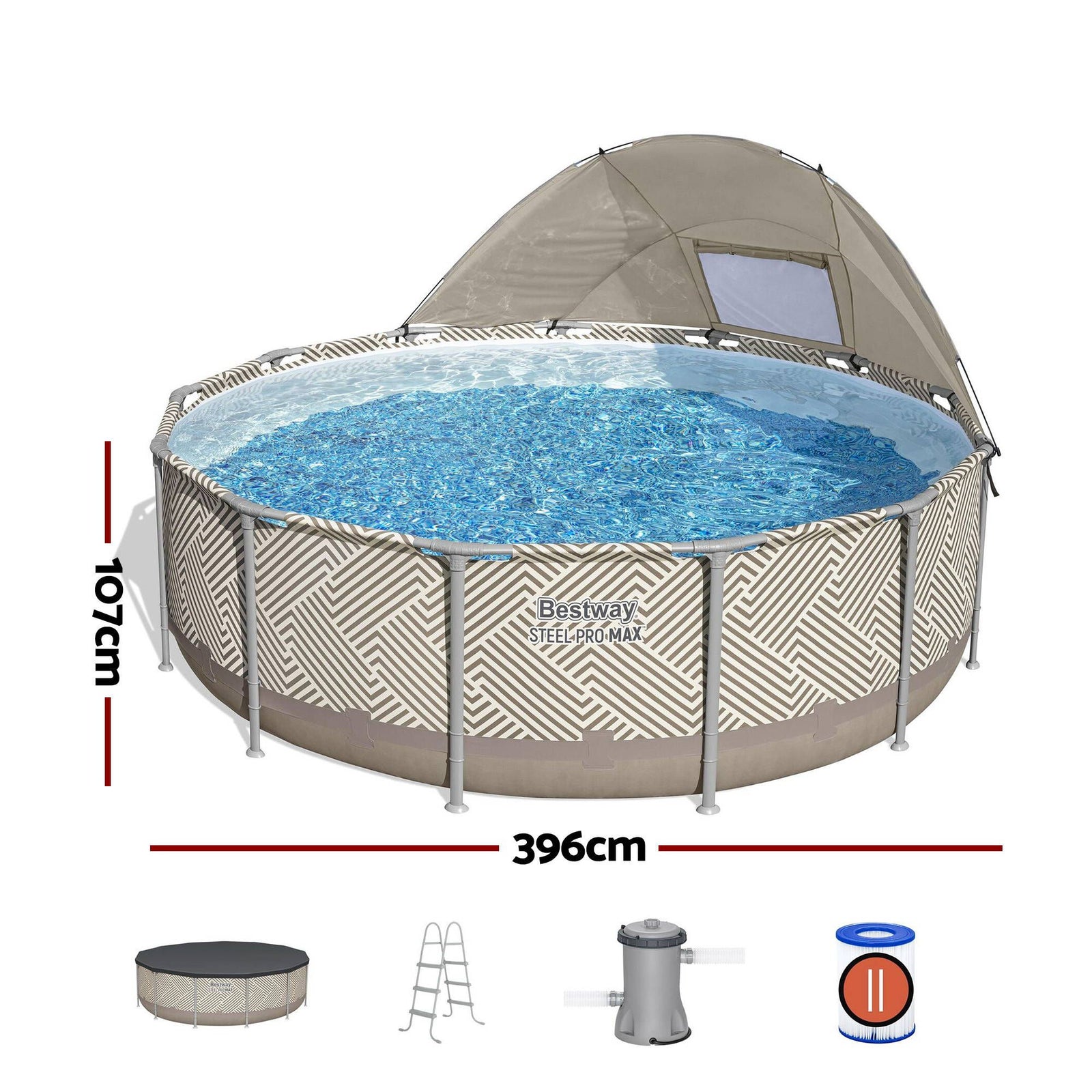 Swimming Pools 396cm x 107cm Steel Above Ground Canopy Backyard Pool Set White