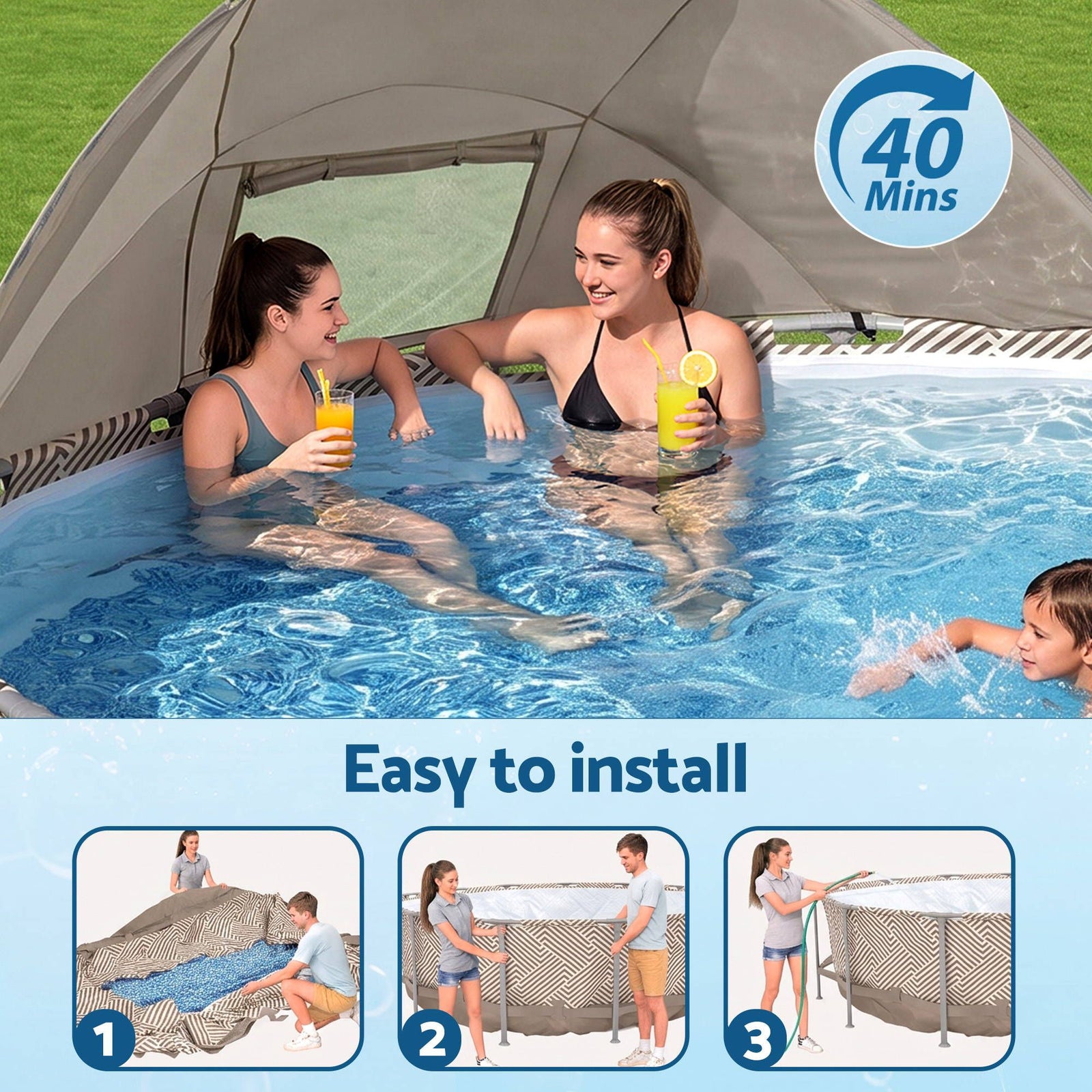 Swimming Pools 396cm x 107cm Steel Above Ground Canopy Backyard Pool Set White