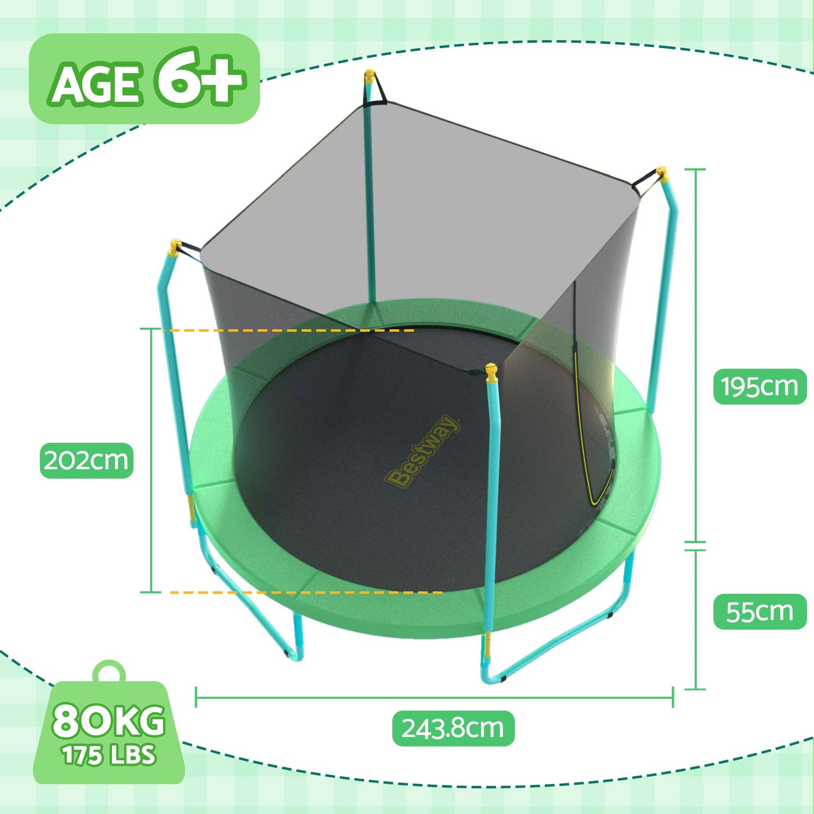 8ft Trampoline Kids Rebounder Safety Net Enclosure Outdoor Fitness 2.44m for Ages 6+
