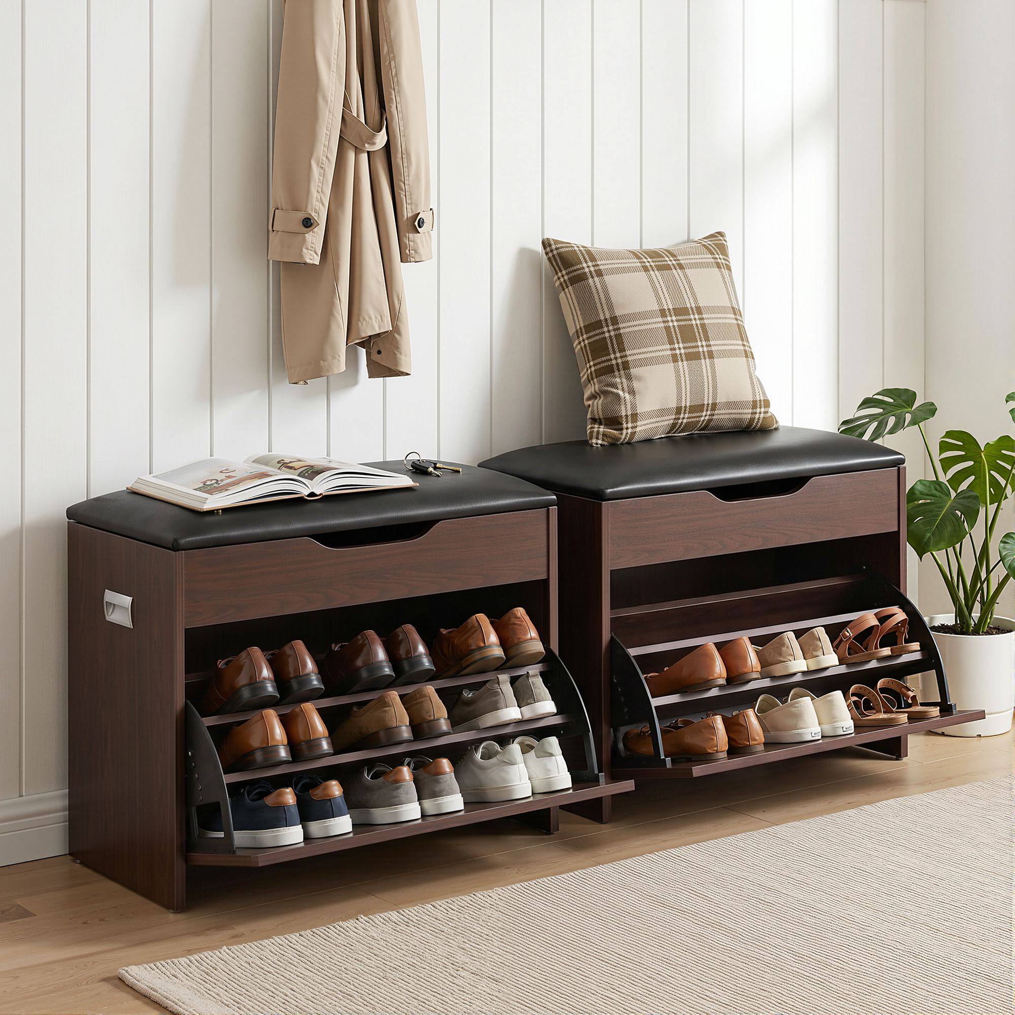 Shoe Bench Set of 2 – Walnut, Lift‑Up Seat, Flip Drawer, 9‑Pair Storage