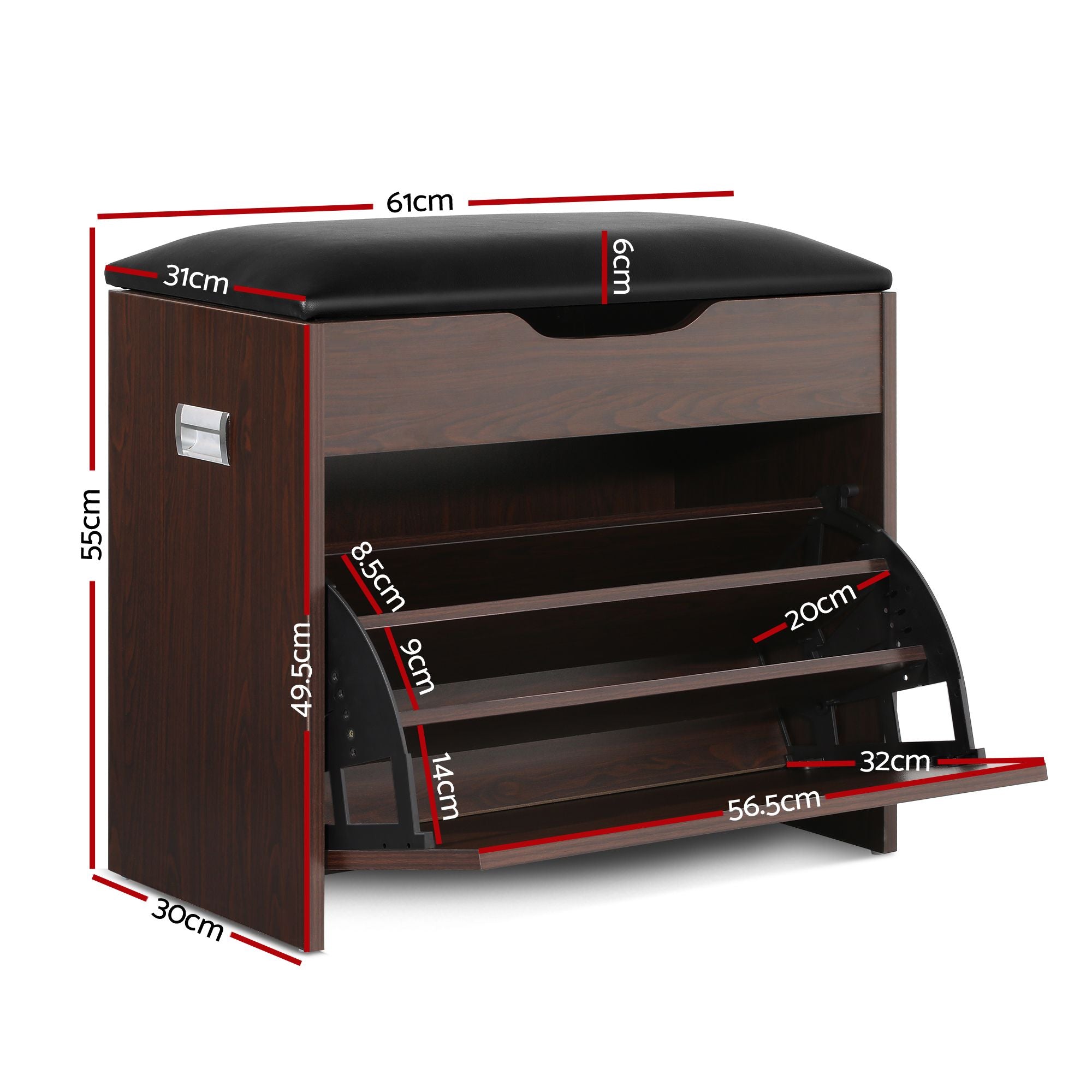 Shoe Bench Set of 2 – Walnut, Lift‑Up Seat, Flip Drawer, 9‑Pair Storage