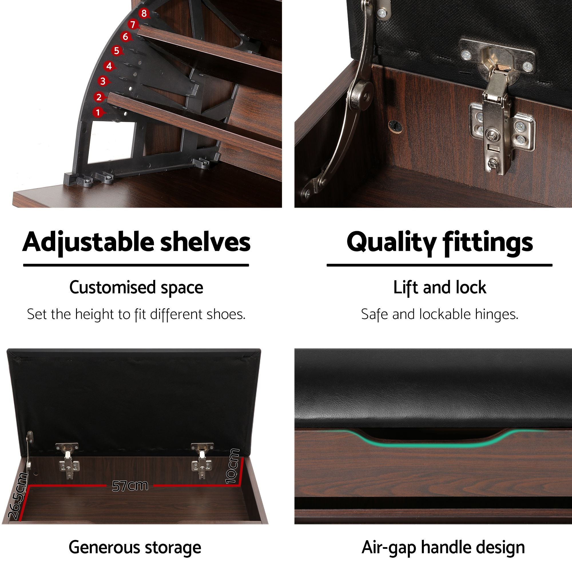 Shoe Bench Set of 2 – Walnut, Lift‑Up Seat, Flip Drawer, 9‑Pair Storage
