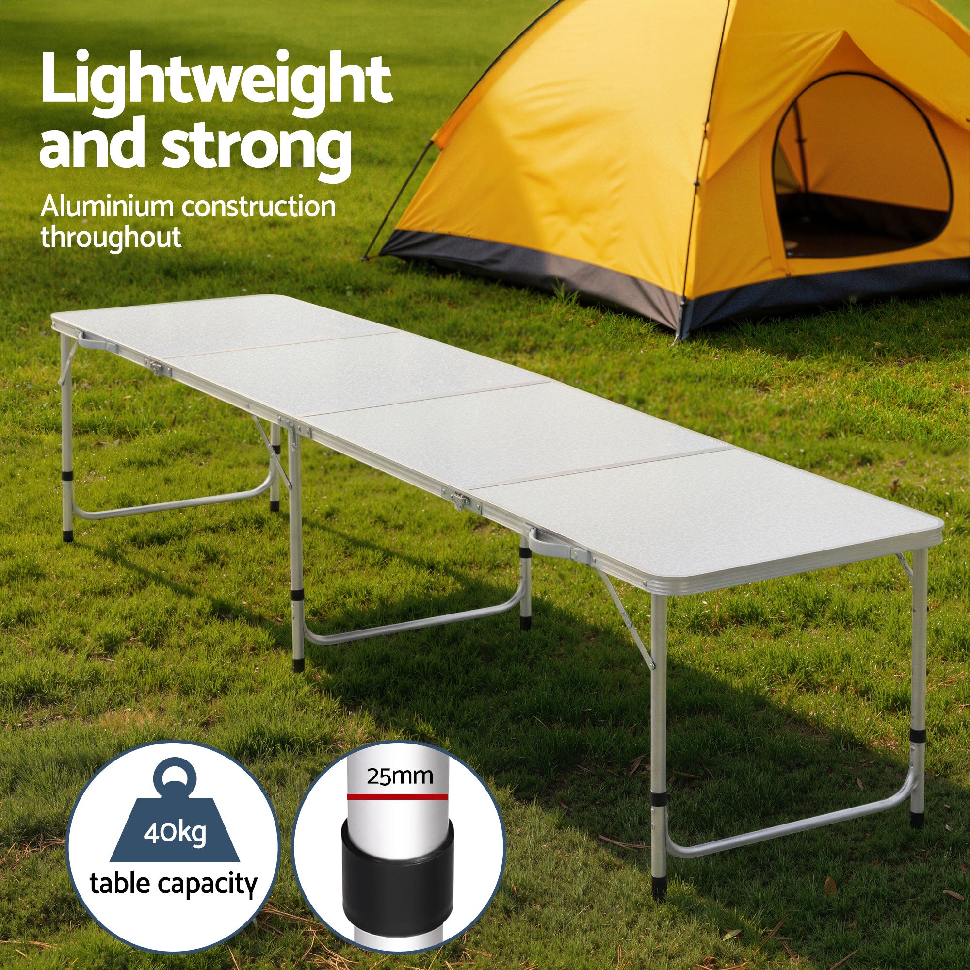 240cm Aluminium Folding Camping Table with Adjustable Height – Portable