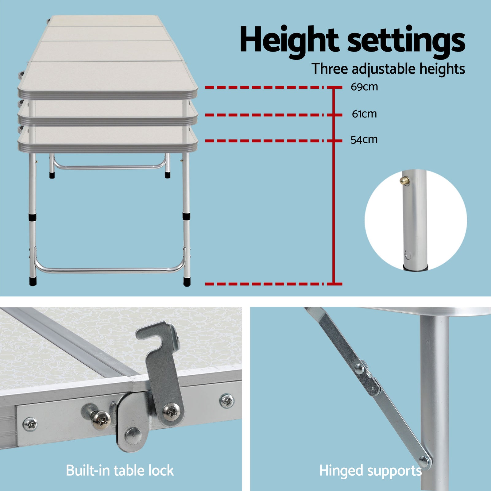 240cm Aluminium Folding Camping Table with Adjustable Height – Portable
