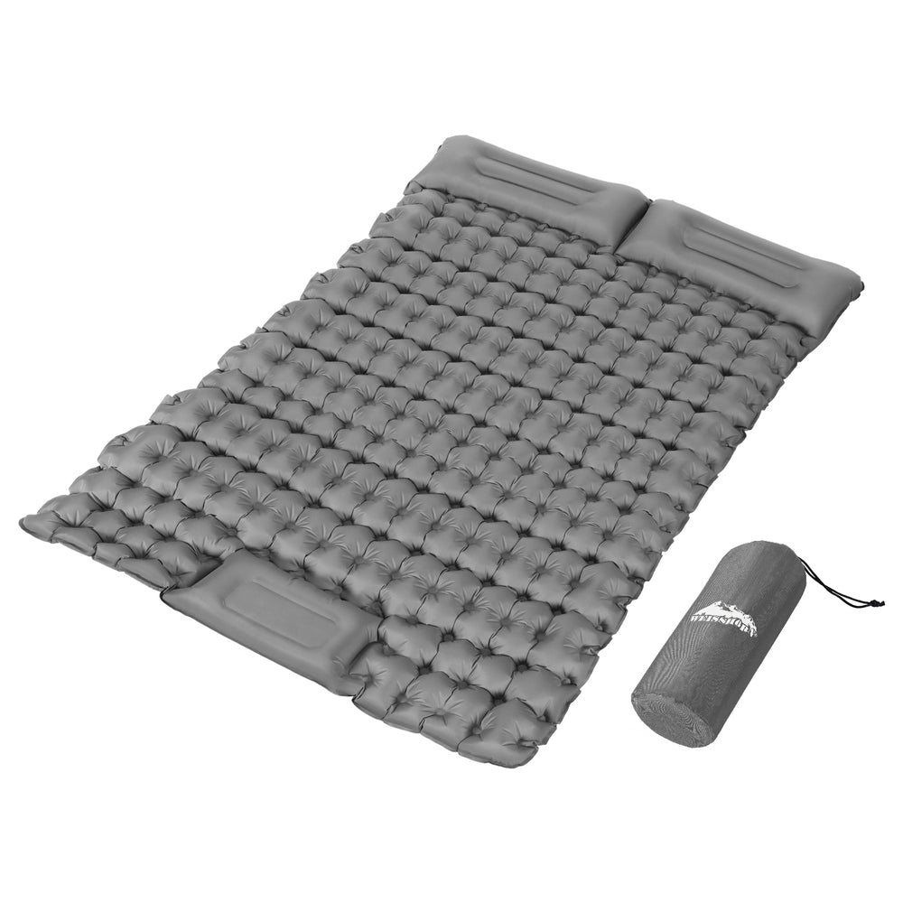 Self Inflating Camping Mat Double 9cm Pillow Green Blue 200cm Foot Pump Bag