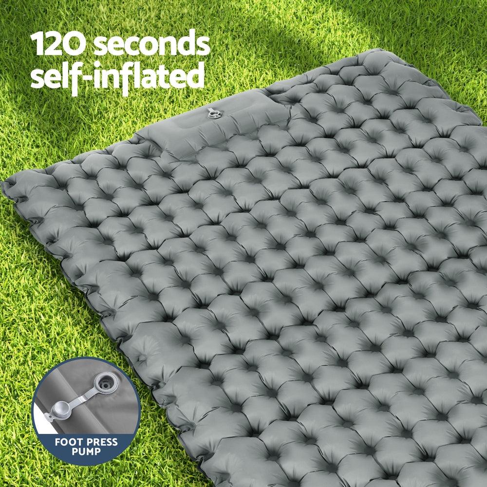 Self Inflating Camping Mat Double 9cm Pillow Green Blue 200cm Foot Pump Bag
