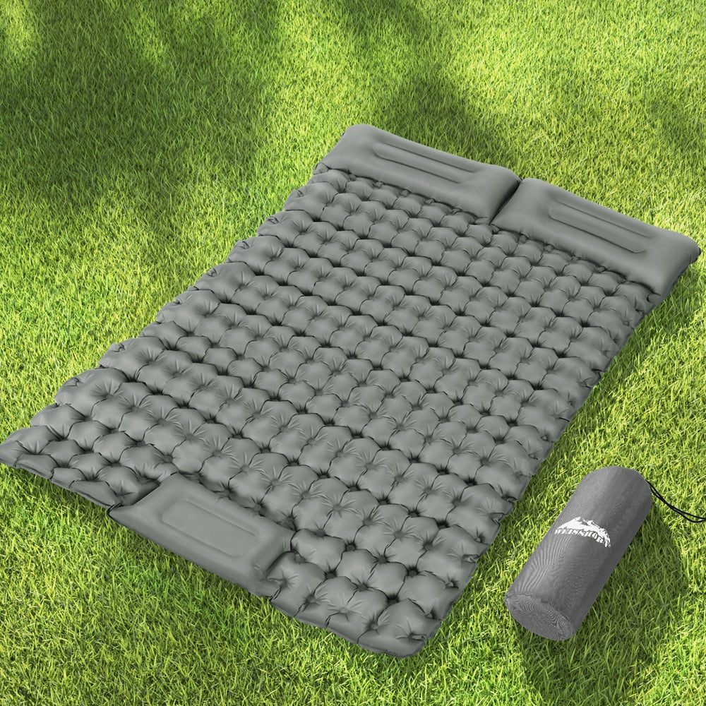 Self Inflating Camping Mat Double 9cm Pillow Green Blue 200cm Foot Pump Bag