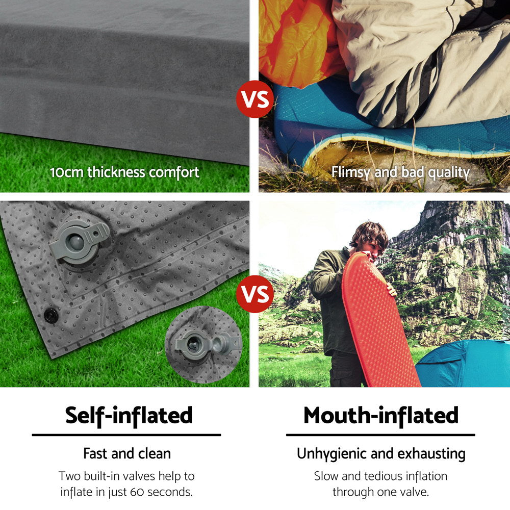 Double Self Inflating Camping Mat 10cm Thick Suede Top - Grey