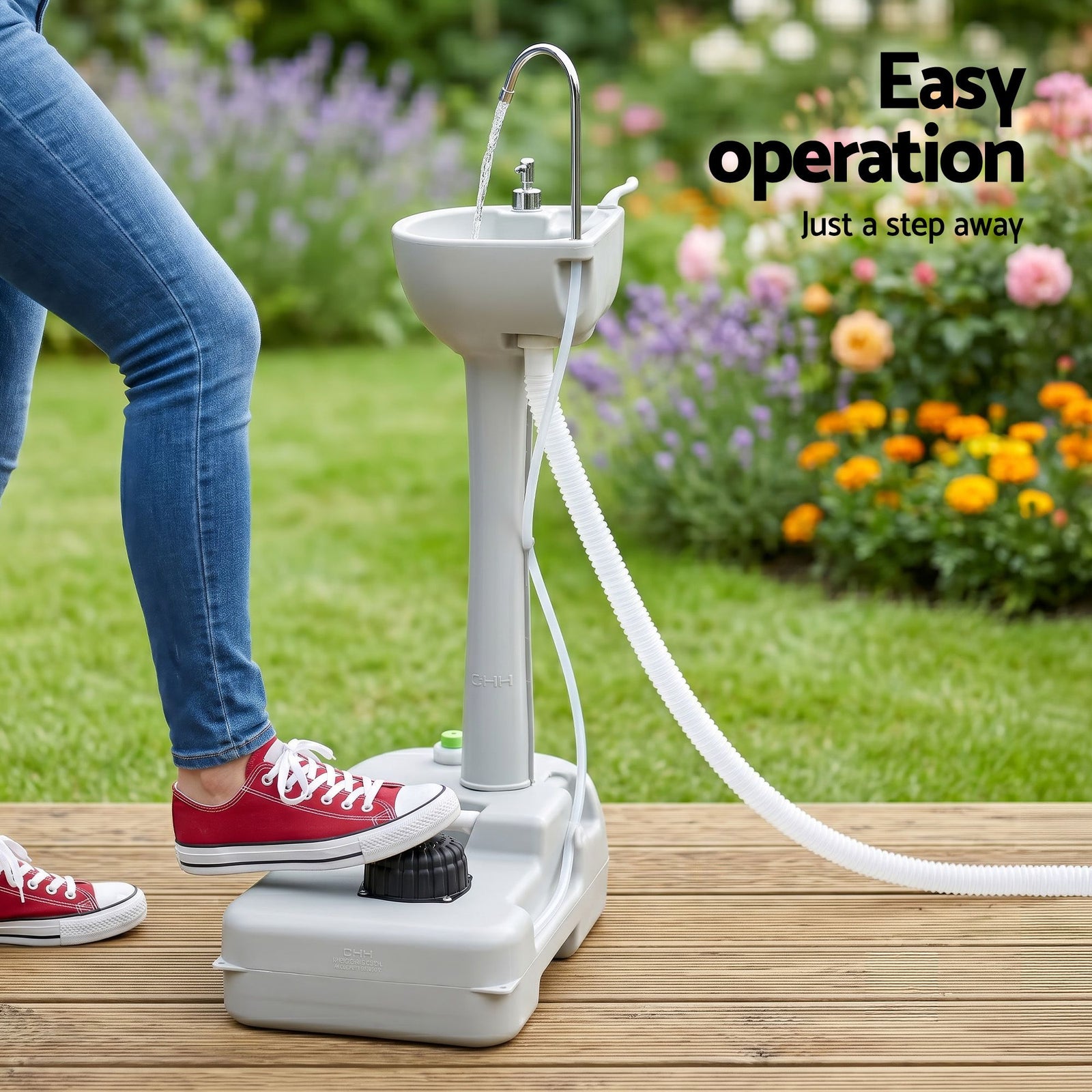 Portable Handwash Stand – Foot Pump, 19L Tank, Wheels, Soap & Towel Holder