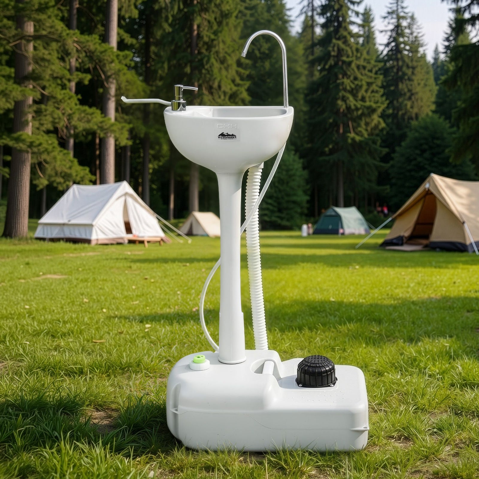 Portable Handwash Stand – Foot Pump, 19L Tank, Wheels, Soap & Towel Holder