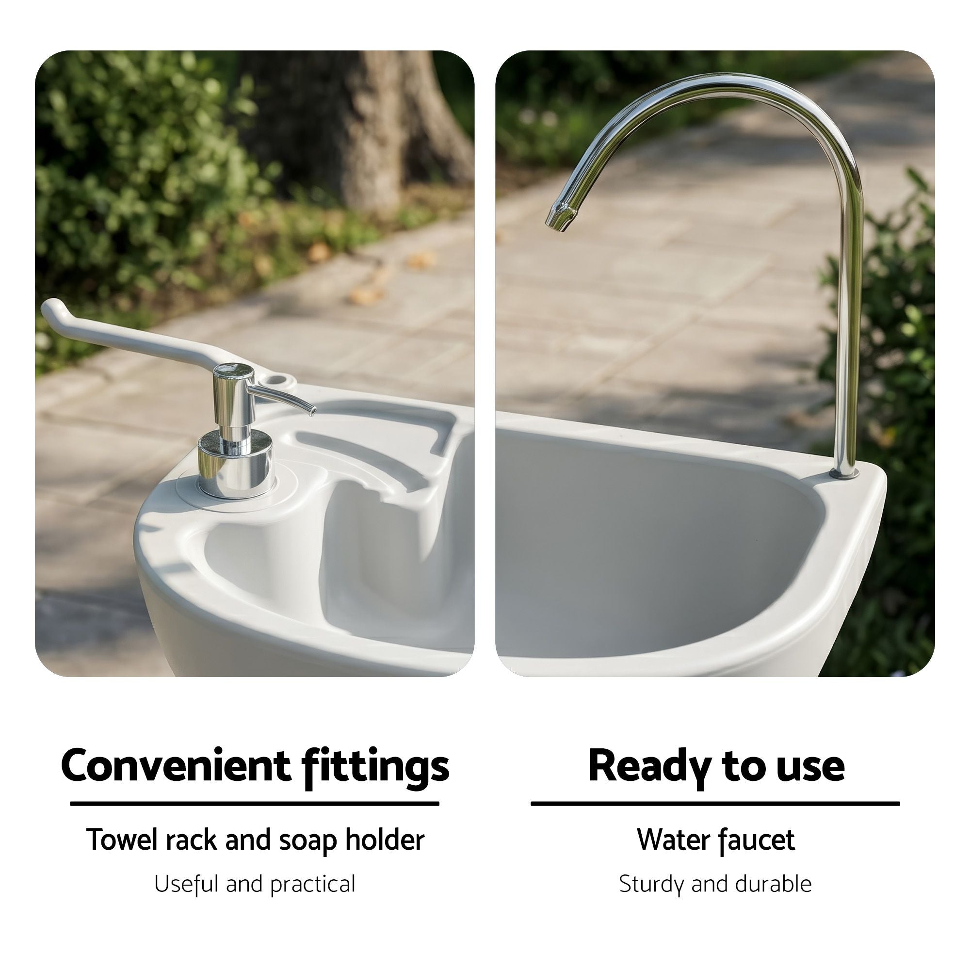 Portable Sink Wash Basin – 43L, Foot Pump, Waste Tank, Wheels, Soap & Towel Holder