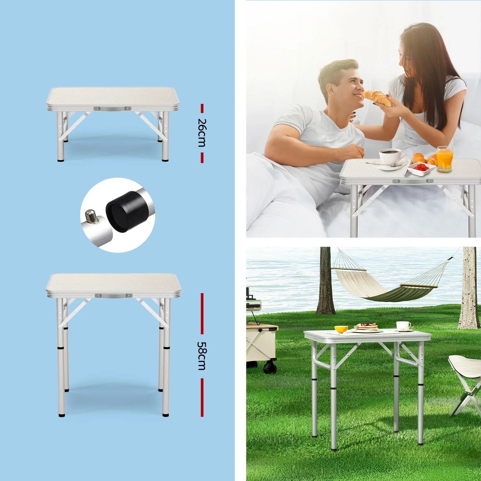 Folding Camping Table 60cm – Aluminium Portable Adjustable Height Outdoor