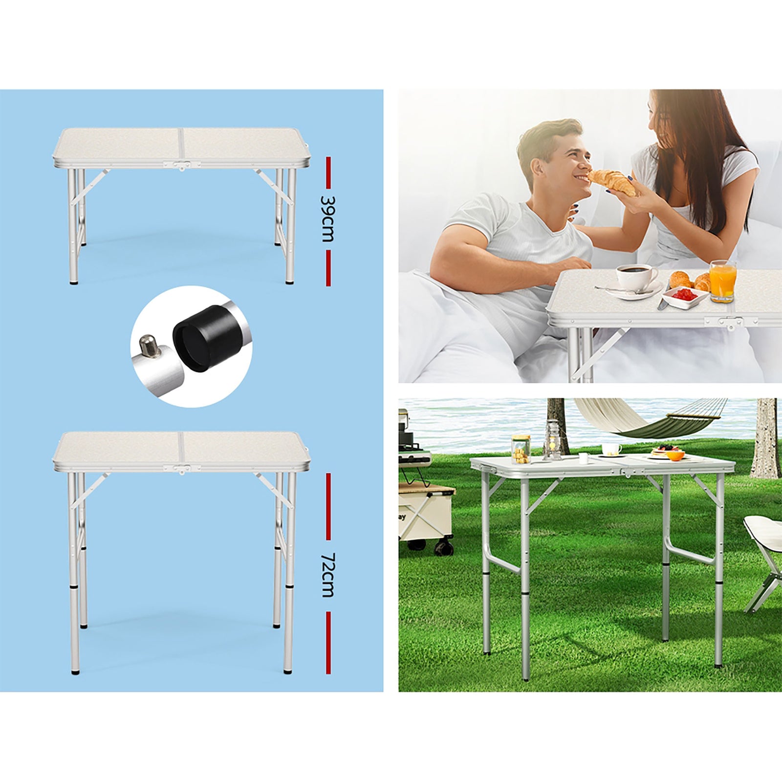 Folding Camping Table – 90cm Aluminium, Adjustable Height, Portable, 30kg Load