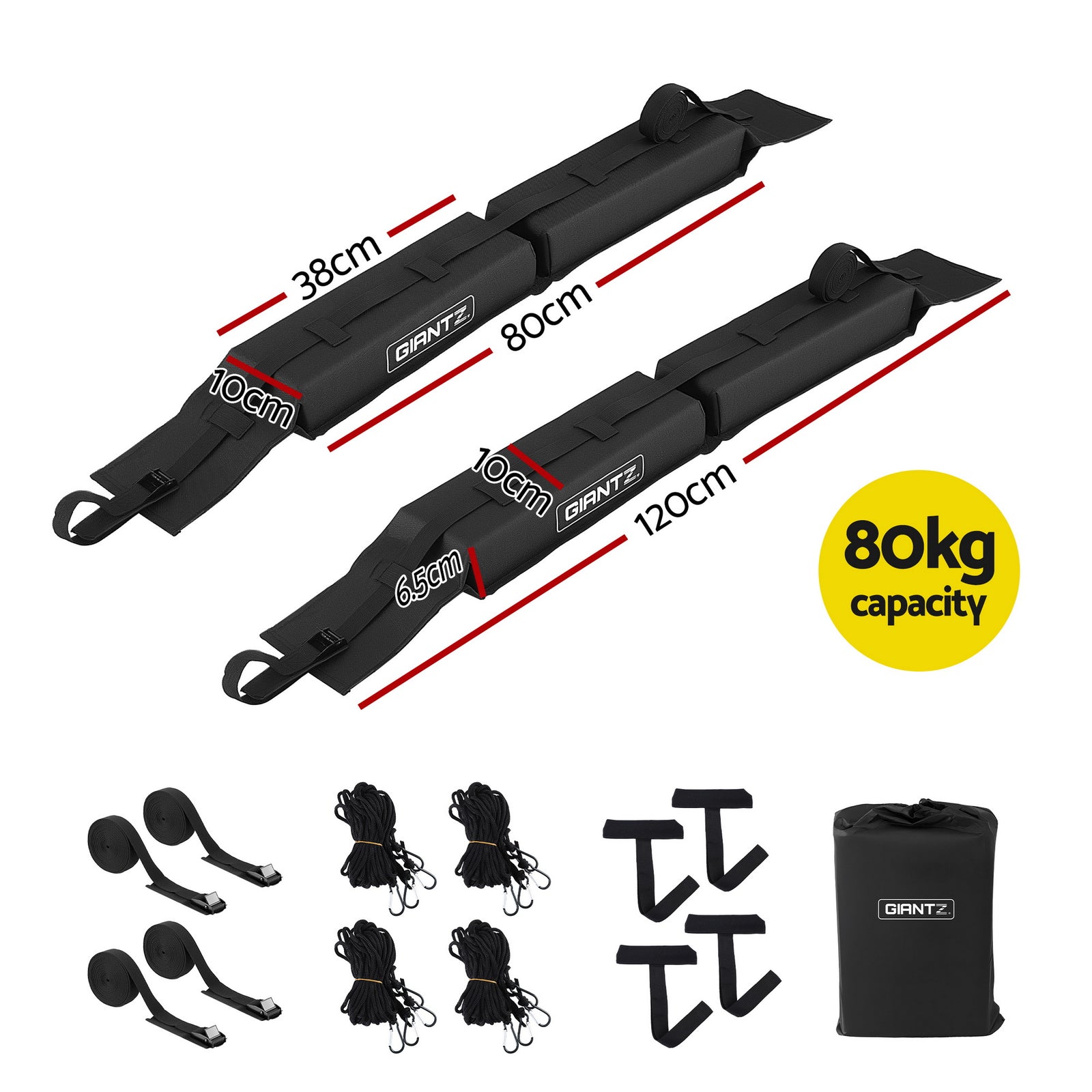 Kayak Roof Rack for Car, Universal Soft Roof Rack Pads for Surfboard SUP Canoe, Roof Bars for SUV Sedan without Side Rails, Portable Cross Bars with 4.5m Tie Down Straps & Ropes, 80kg Capacity
