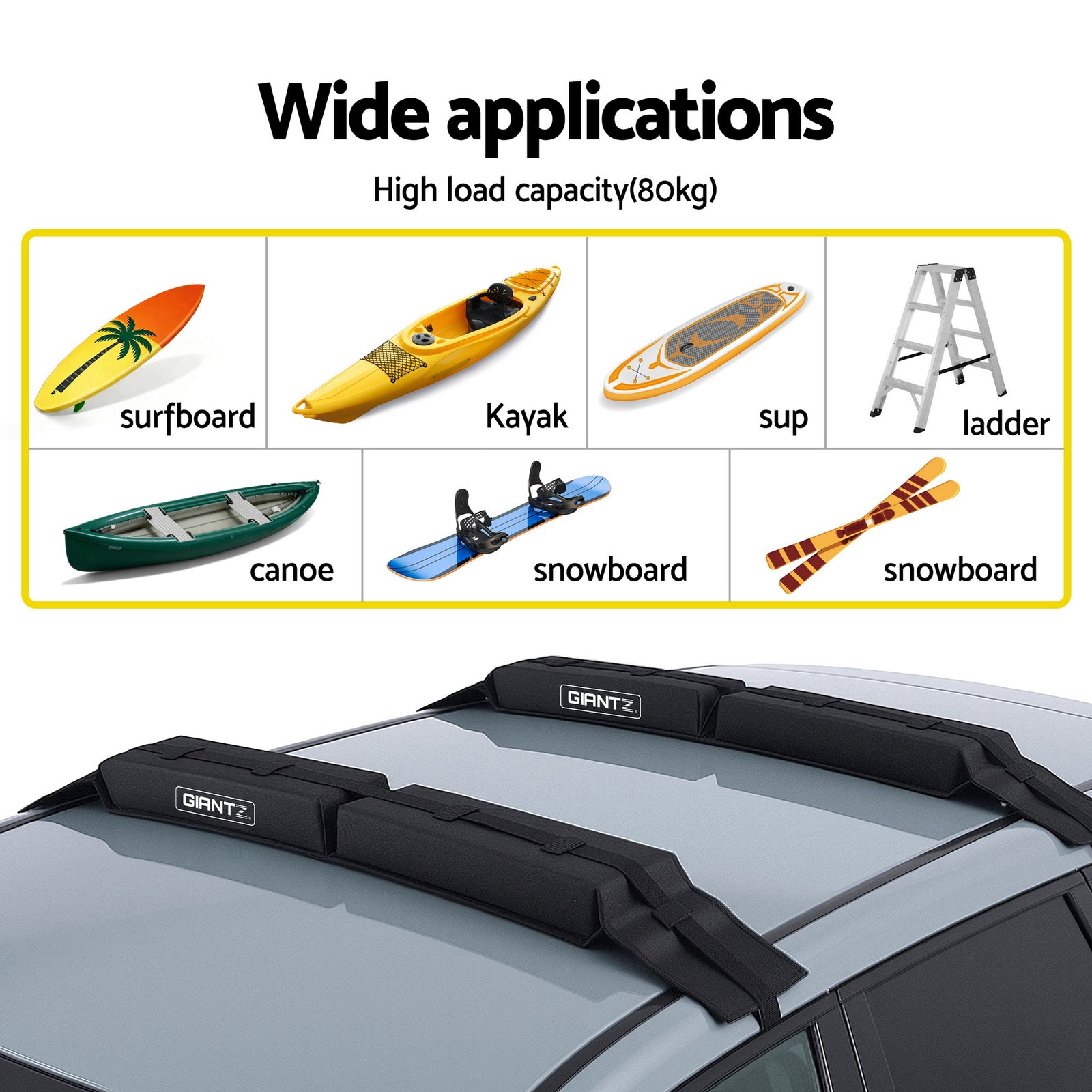 Kayak Roof Rack for Car, Universal Soft Roof Rack Pads for Surfboard SUP Canoe, Roof Bars for SUV Sedan without Side Rails, Portable Cross Bars with 4.5m Tie Down Straps & Ropes, 80kg Capacity