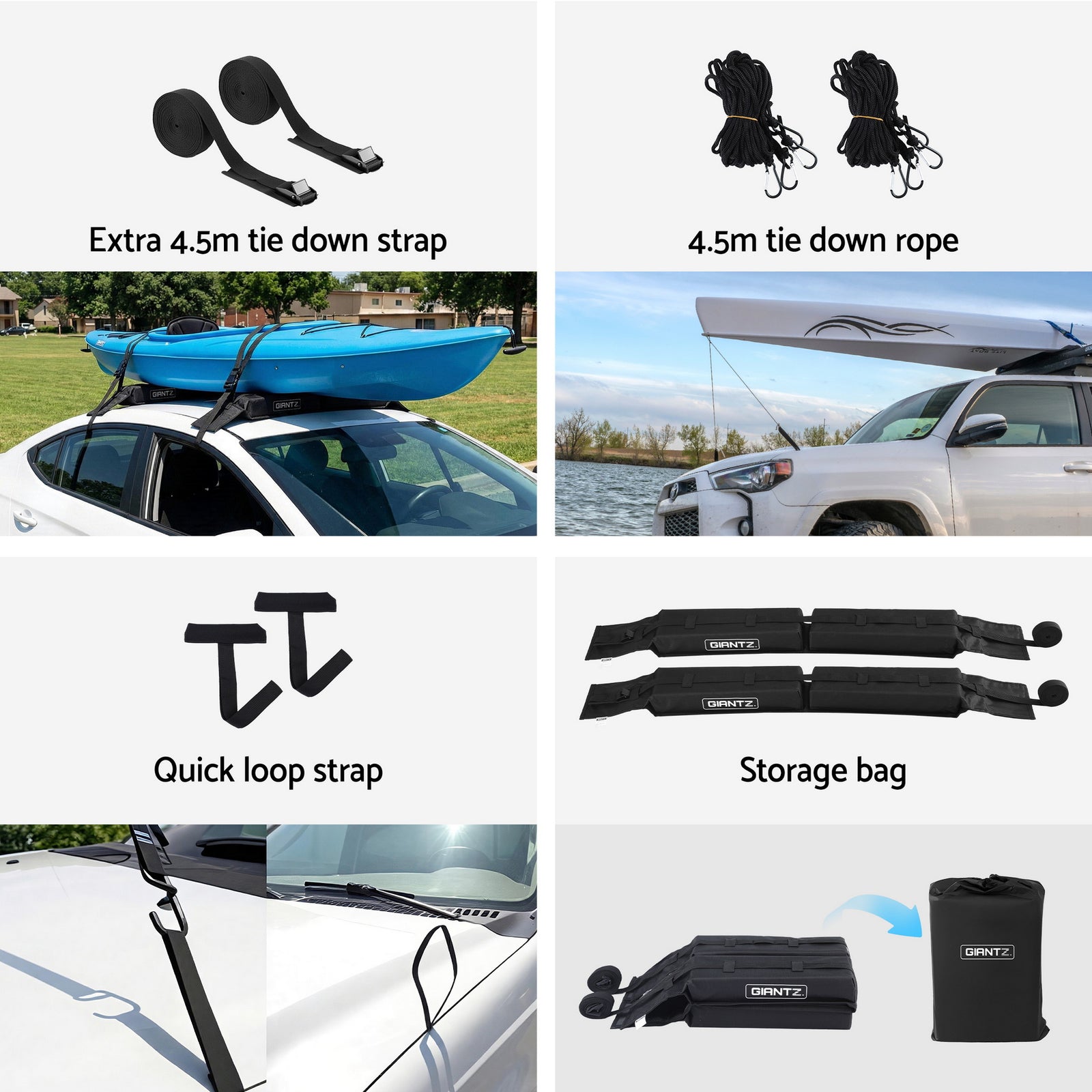 Kayak Roof Rack for Car, Universal Soft Roof Rack Pads for Surfboard SUP Canoe, Roof Bars for SUV Sedan without Side Rails, Portable Cross Bars with 4.5m Tie Down Straps & Ropes, 80kg Capacity