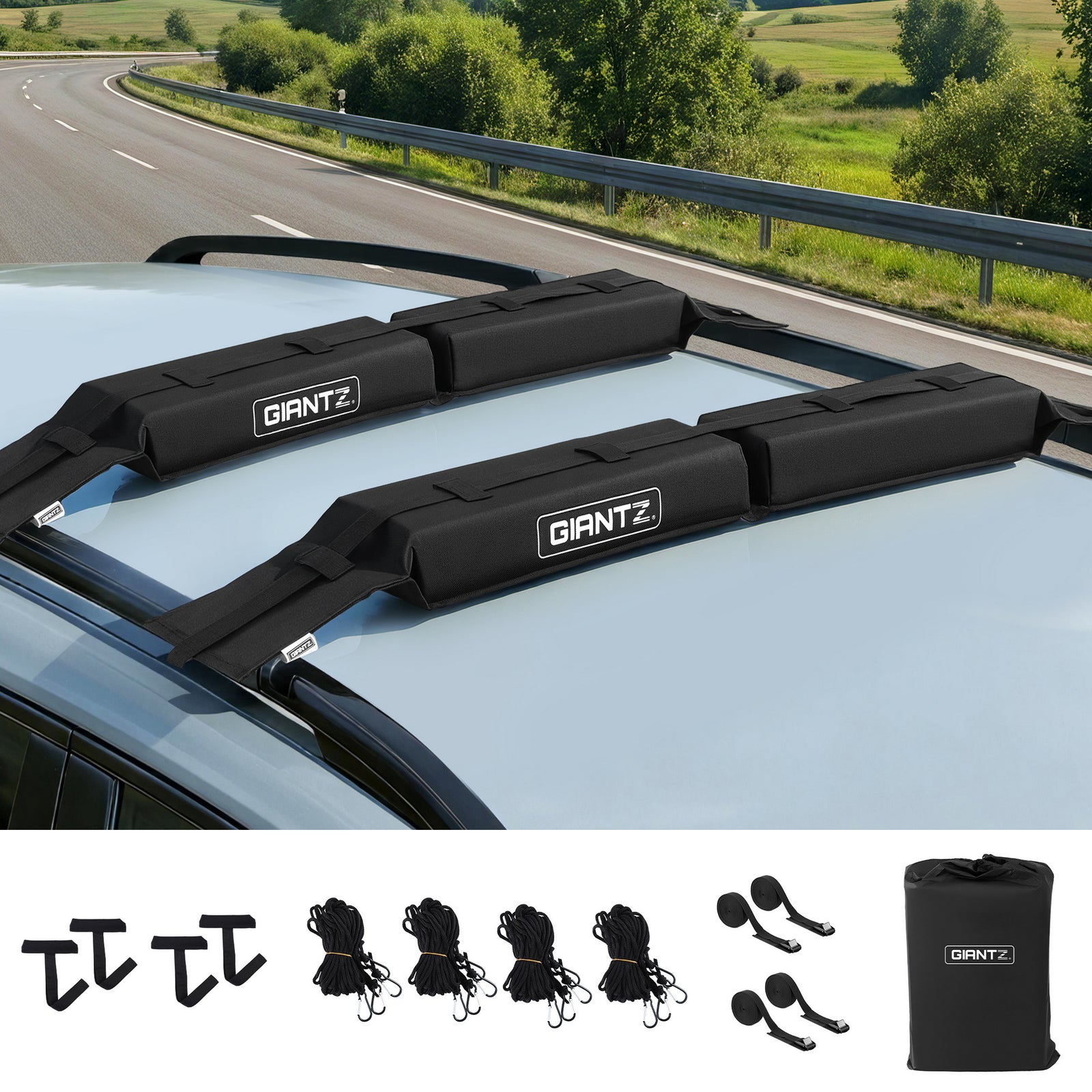Kayak Roof Rack for Car, Universal Soft Roof Rack Pads for Surfboard SUP Canoe, Roof Bars for SUV Sedan without Side Rails, Portable Cross Bars with 4.5m Tie Down Straps & Ropes, 80kg Capacity