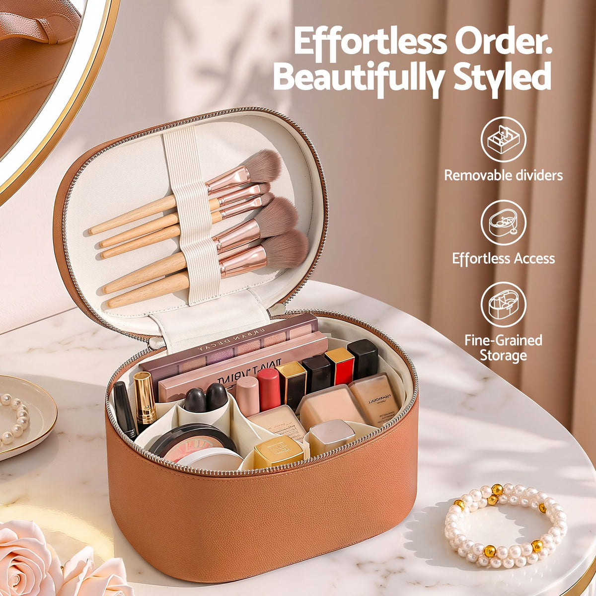Embellir Makeup Case with Removable Dividers, PU Travel Cosmetic Organiser Brown