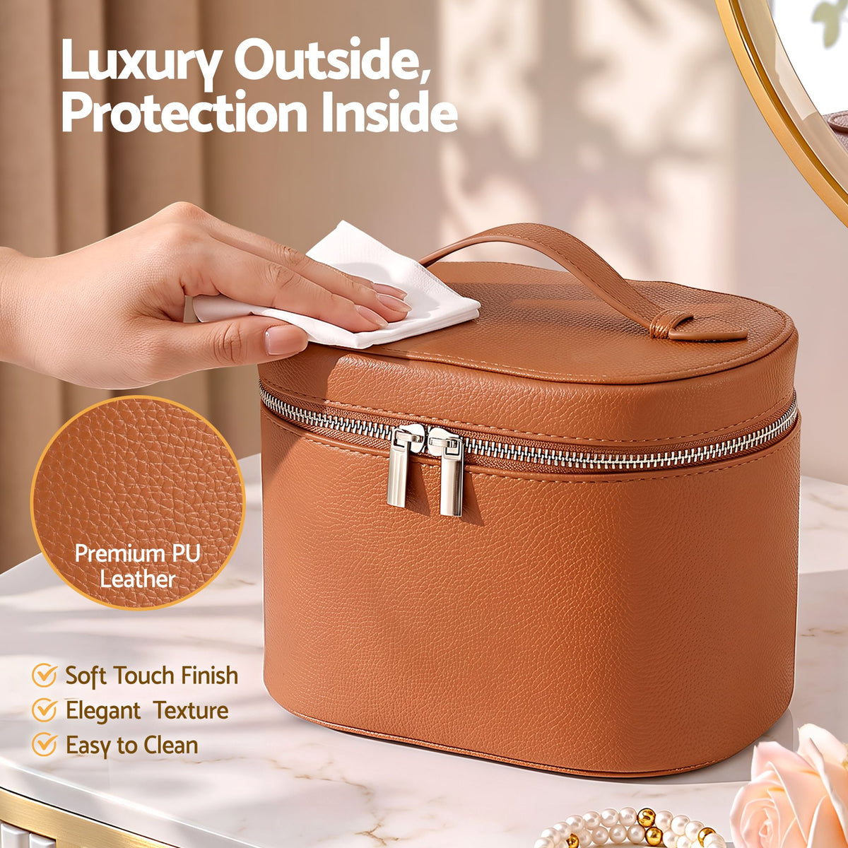 Embellir Makeup Case with Removable Dividers, PU Travel Cosmetic Organiser Brown