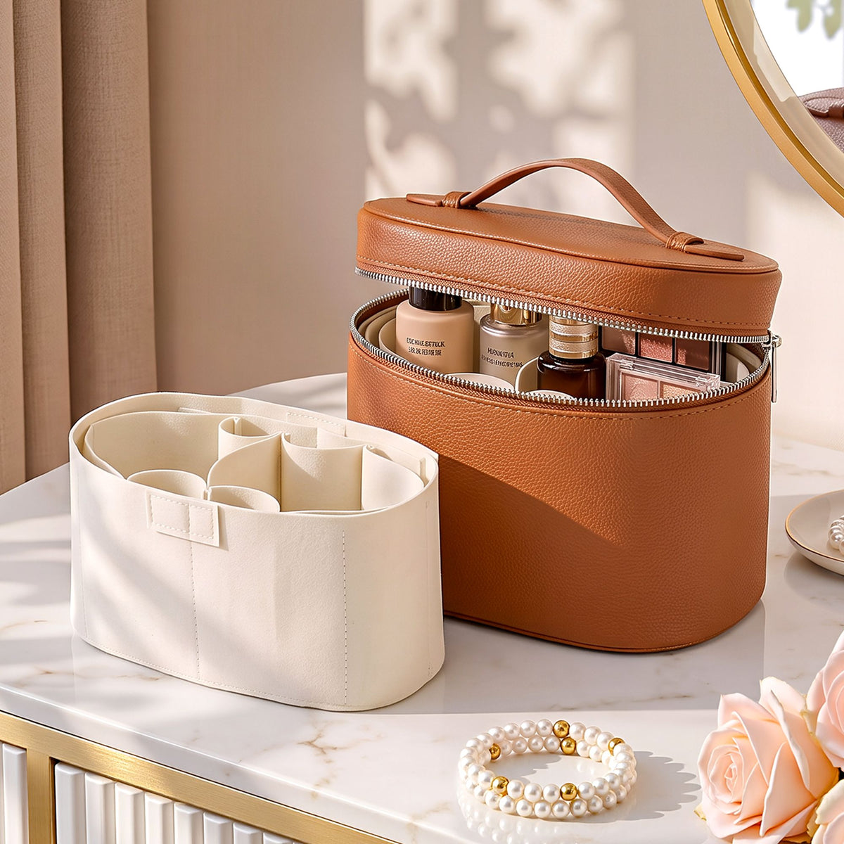 Embellir Makeup Case with Removable Dividers, PU Travel Cosmetic Organiser Brown