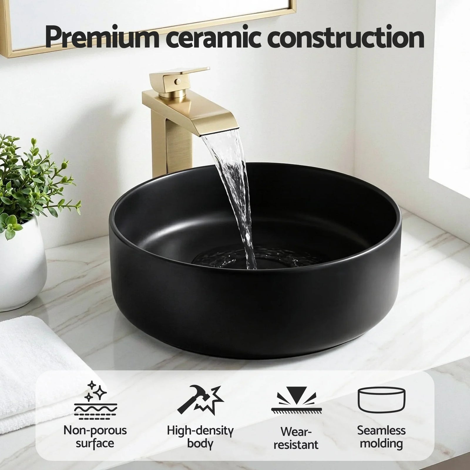 Bathroom Basin Ceramic Vanity Sink Vessel Bowl Wash Matte Black Round Countertop