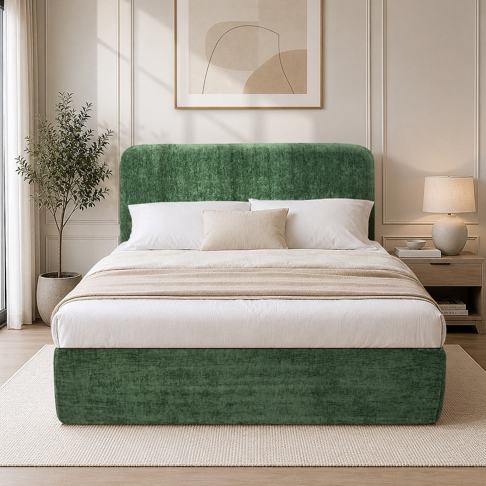 Double Compressed Bed Frame with Headboard Chenille Green
